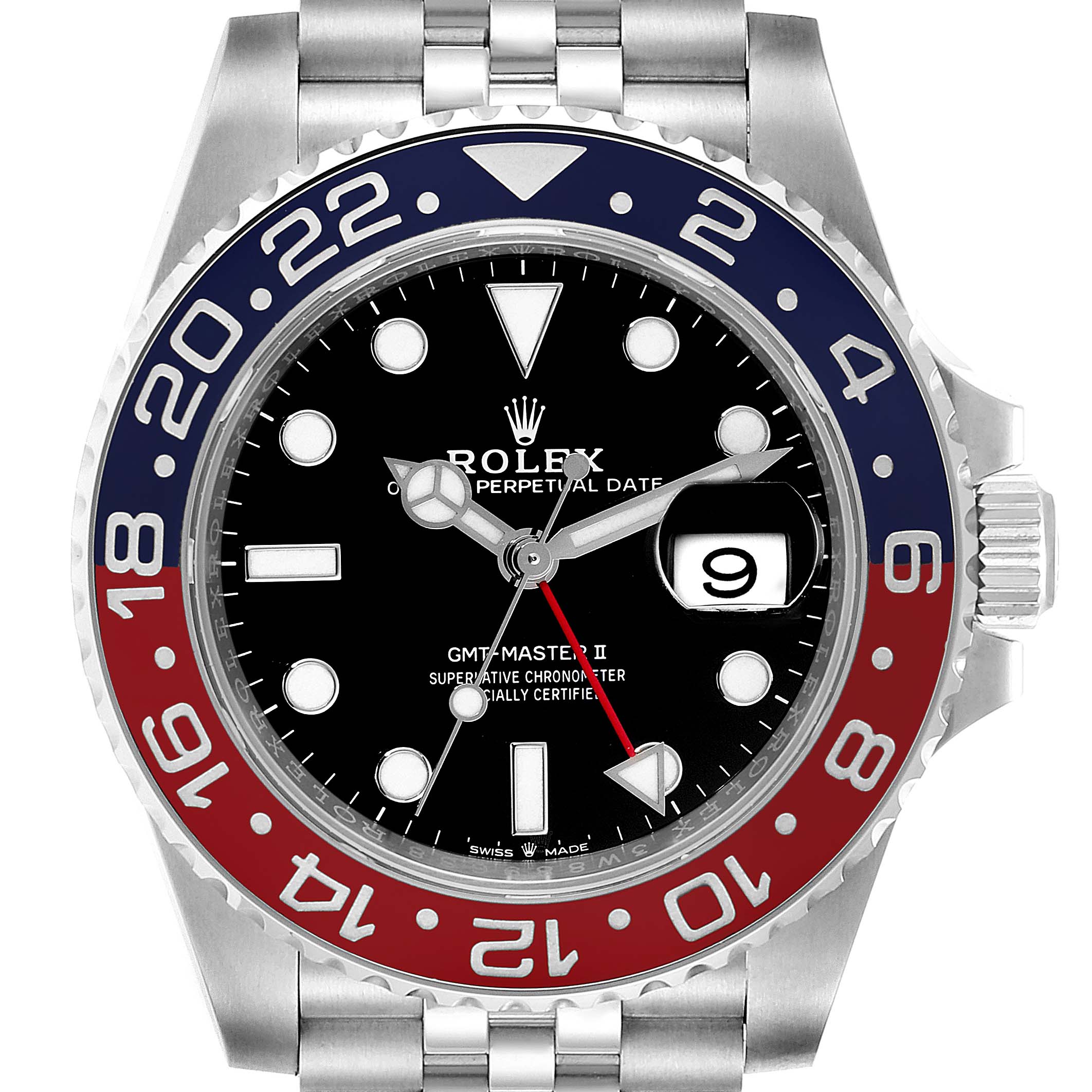 The image shows a front view of a Rolex GMT-Master 126710 Men
s Stainless Steel Black Dial 126710 Men
s Stainless Steel Black Dial II watch, featuring the bezel, dial, hands, and bracelet.