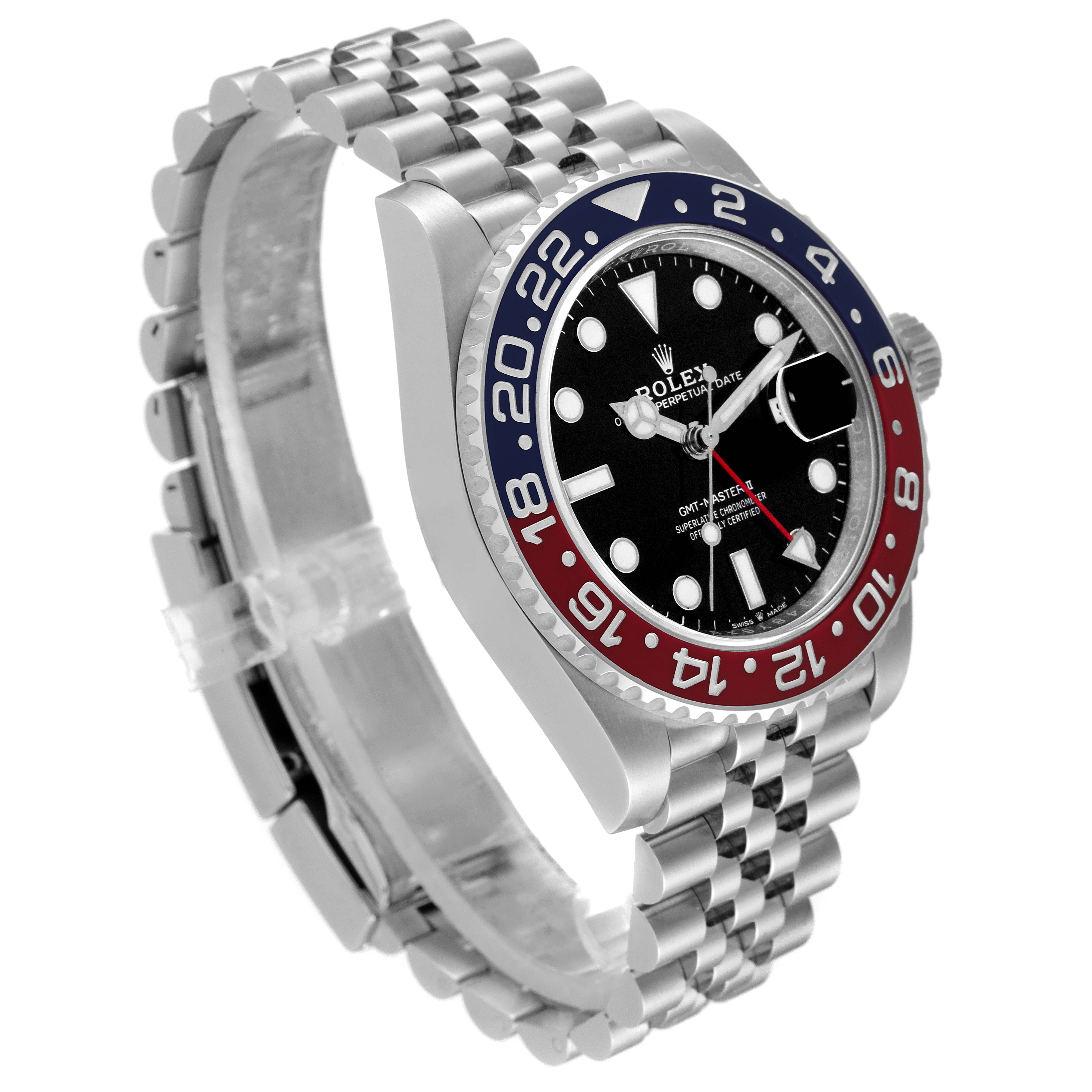 The image shows a Rolex GMT-Master 126710 Men
s Stainless Steel Black Dial 126710 Men
s Stainless Steel Black Dial watch from a three-quarter angle, highlighting the dial, bezel, and part of the bracelet.