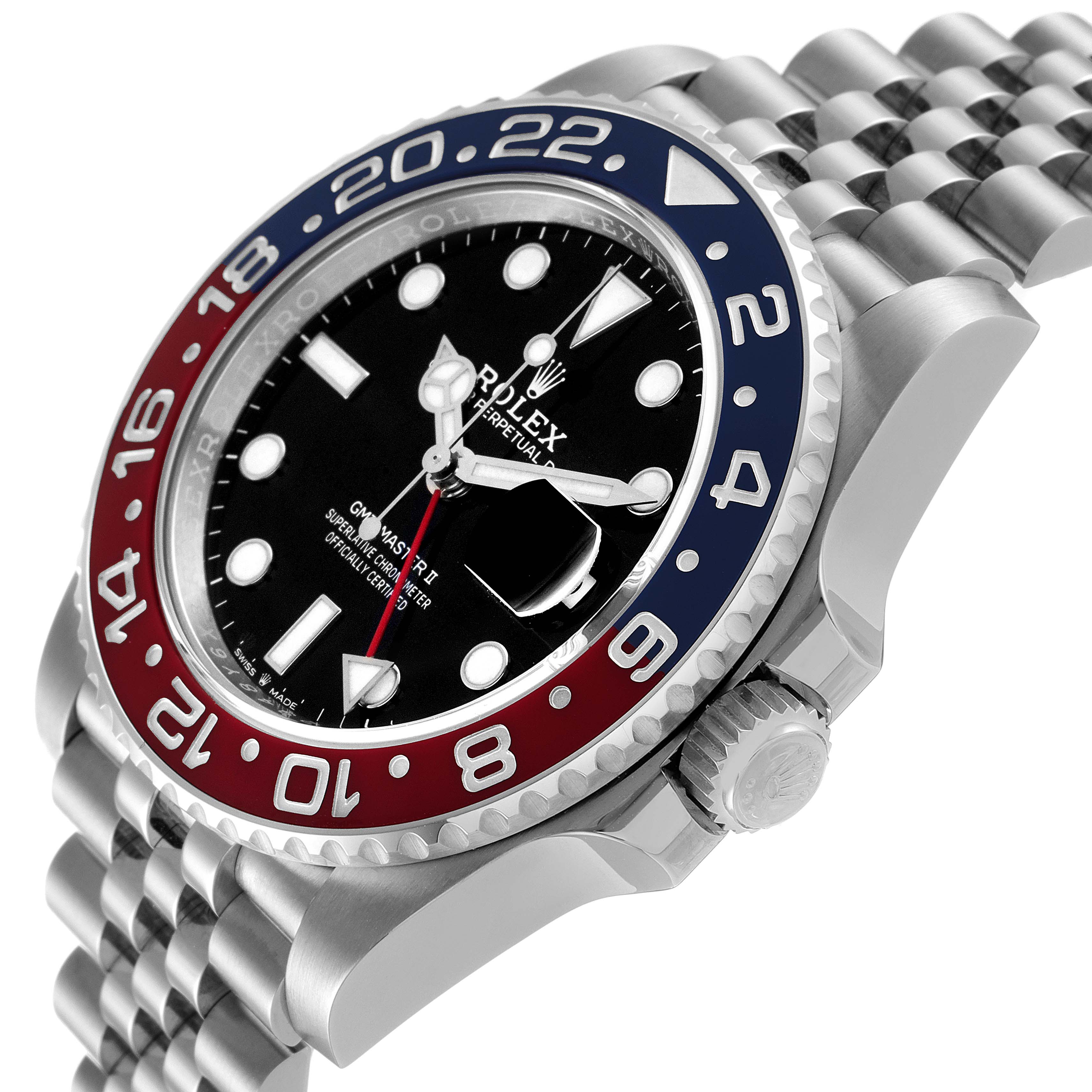 This image shows a side angle of a Rolex GMT-Master 126710 Men
s Stainless Steel Black Dial 126710 Men
s Stainless Steel Black Dial watch, highlighting the bezel, dial, crown, and portion of the bracelet.