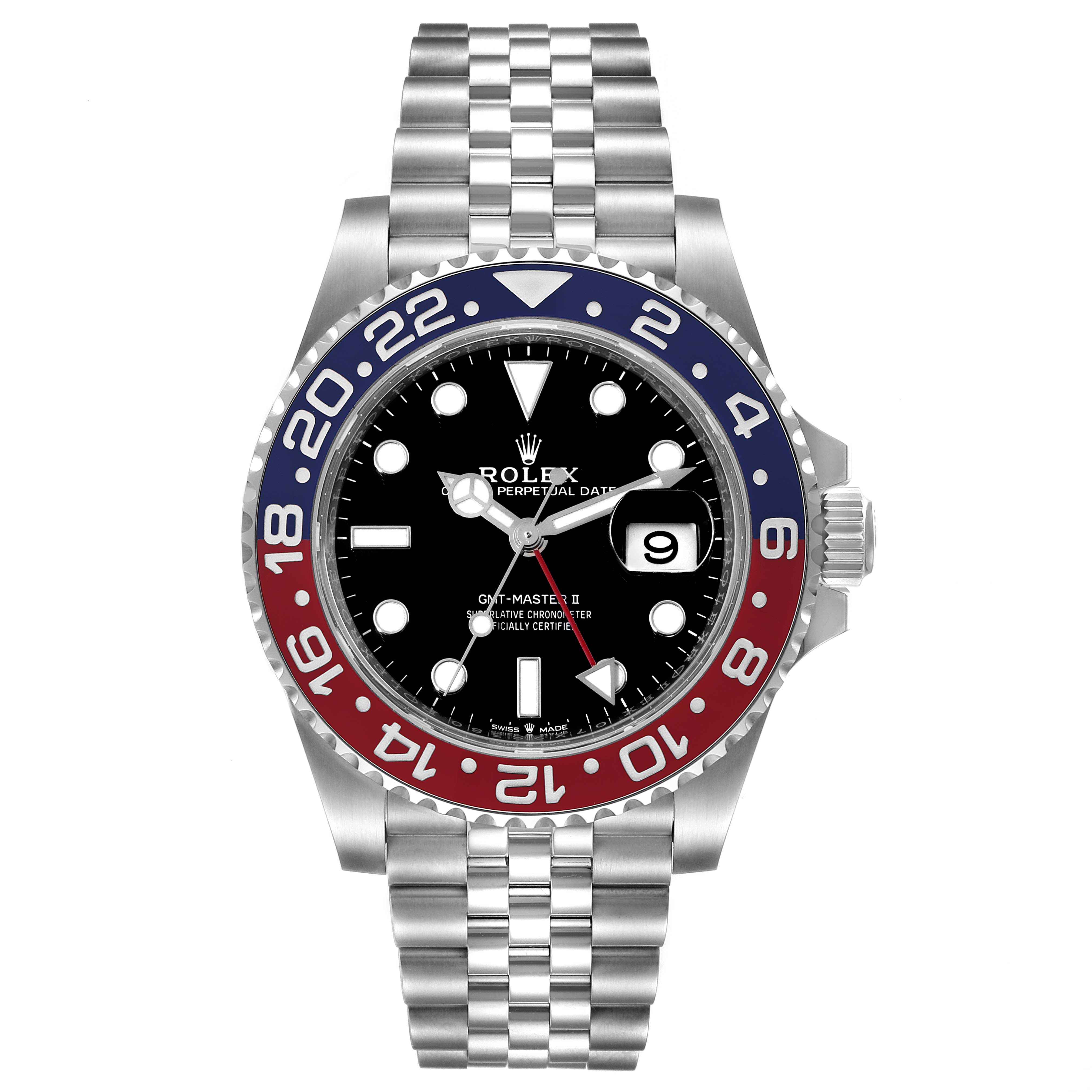 The image shows a front view of a Rolex GMT-Master 126710 Men
s Stainless Steel Black Dial 126710 Men
s Stainless Steel Black Dial watch, highlighting its bezel, dial, hands, and Jubilee bracelet.