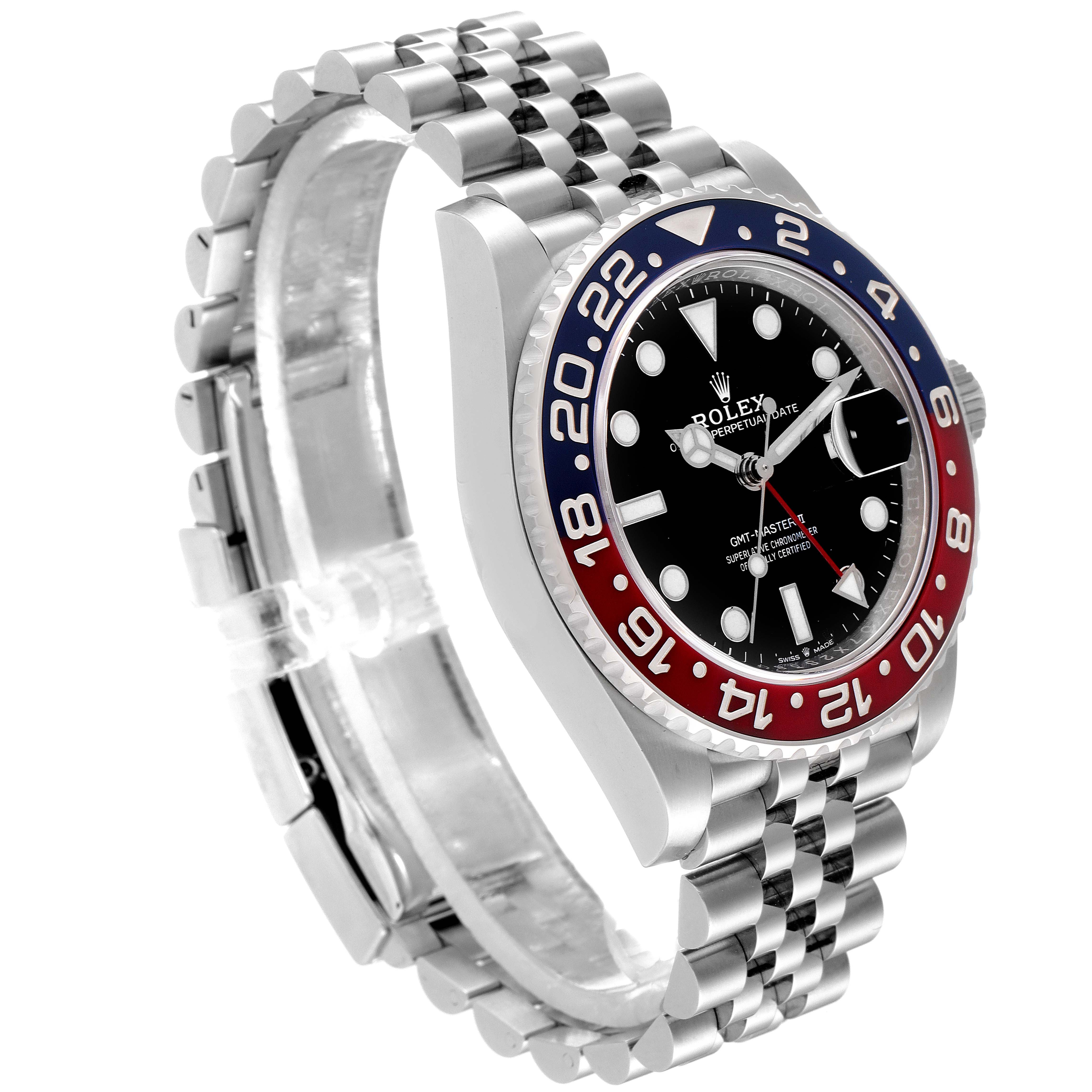 The image shows a Rolex GMT-Master 126710 Men
s Stainless Steel Black Dial 126710 Men
s Stainless Steel Black Dial watch at a three-quarter angle, highlighting its bezel, dial, case, and jubilee bracelet.
