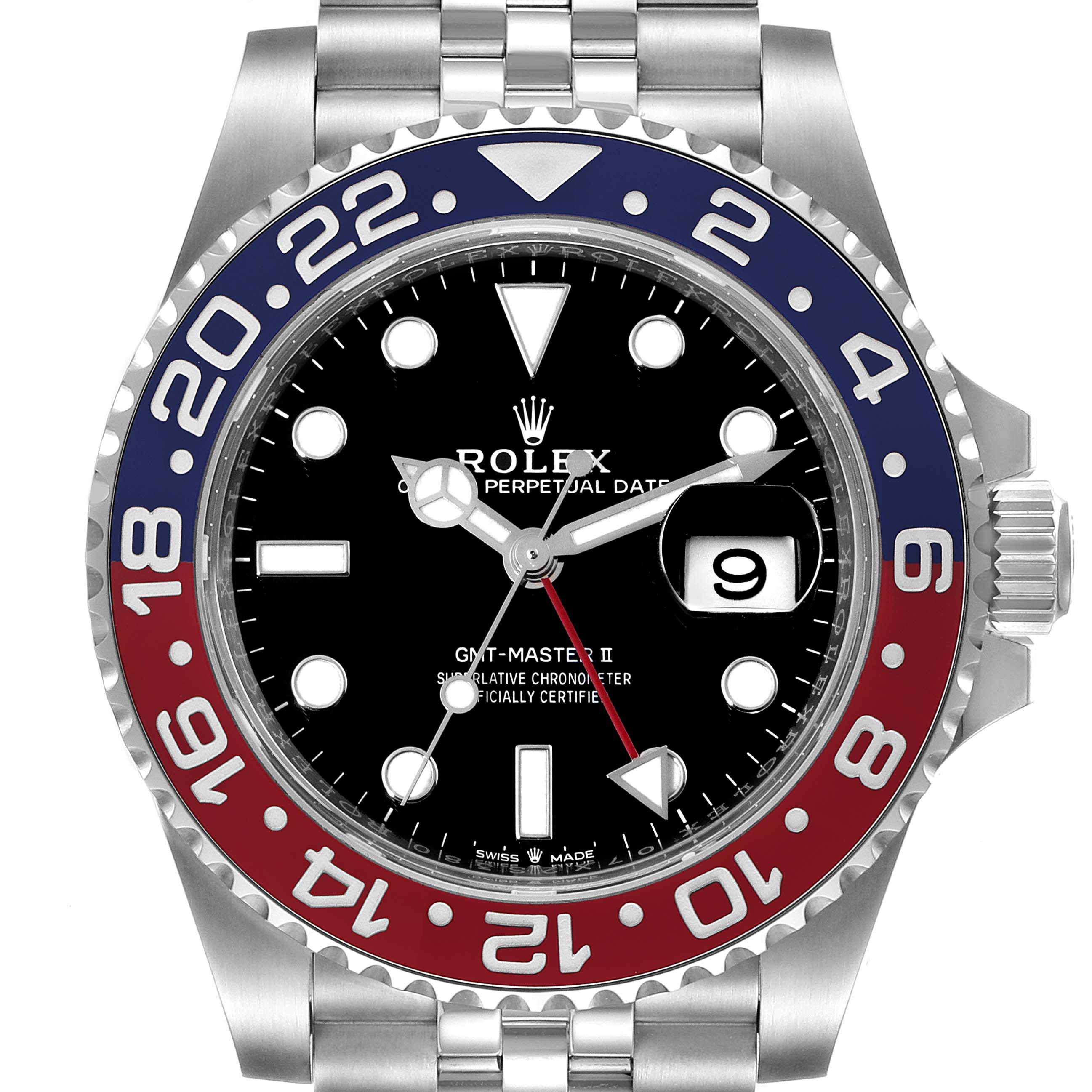 This image shows a front angle view of the Rolex GMT-Master 126710 Men
s Stainless Steel Black Dial 126710 Men
s Stainless Steel Black Dial II watch, highlighting the bezel, dial, hands, and bracelet.