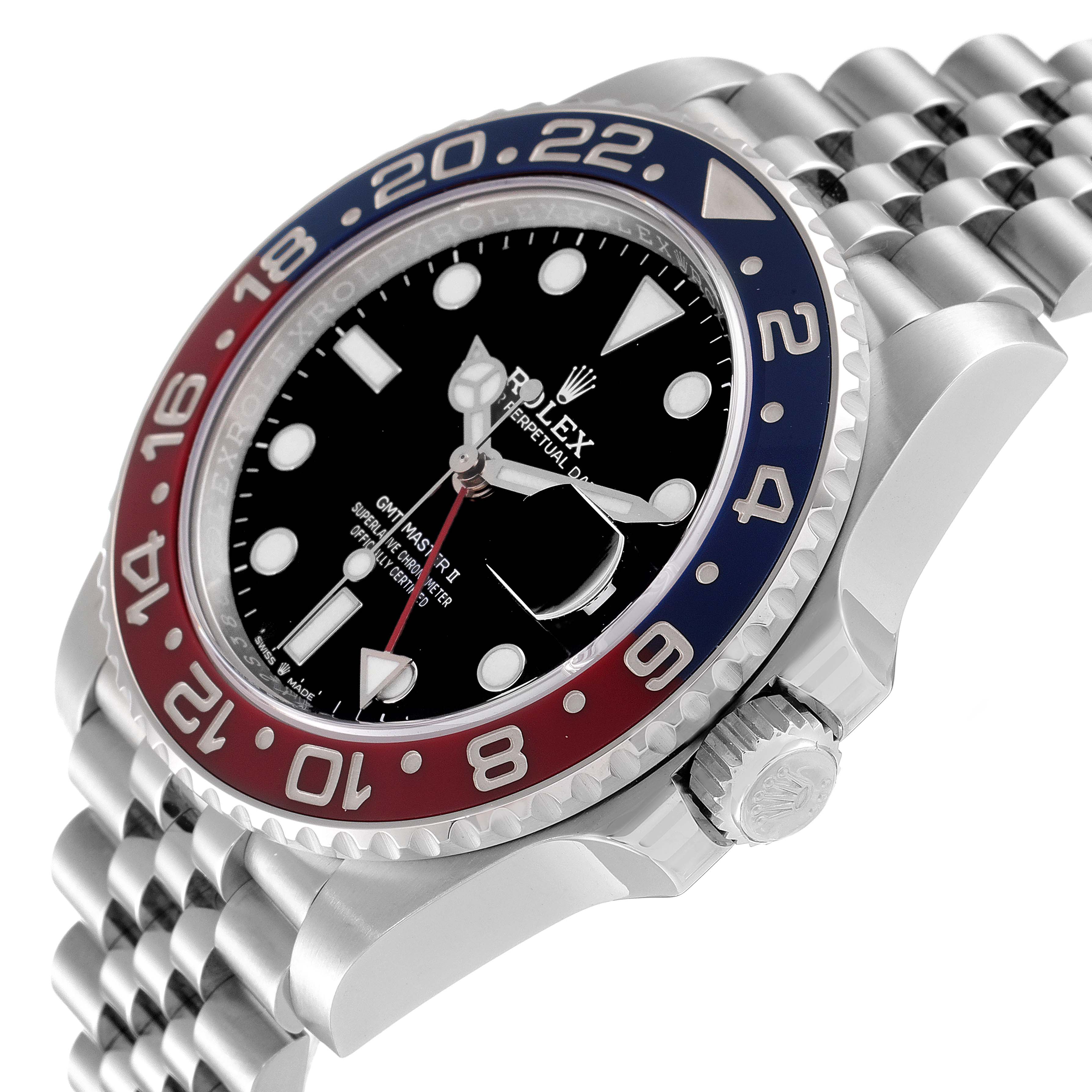 This image shows a side view of the Rolex GMT-Master 126710 Men
s Stainless Steel Black Dial 126710 Men
s Stainless Steel Black Dial II watch, highlighting its bezel, dial, crown, and jubilee bracelet.