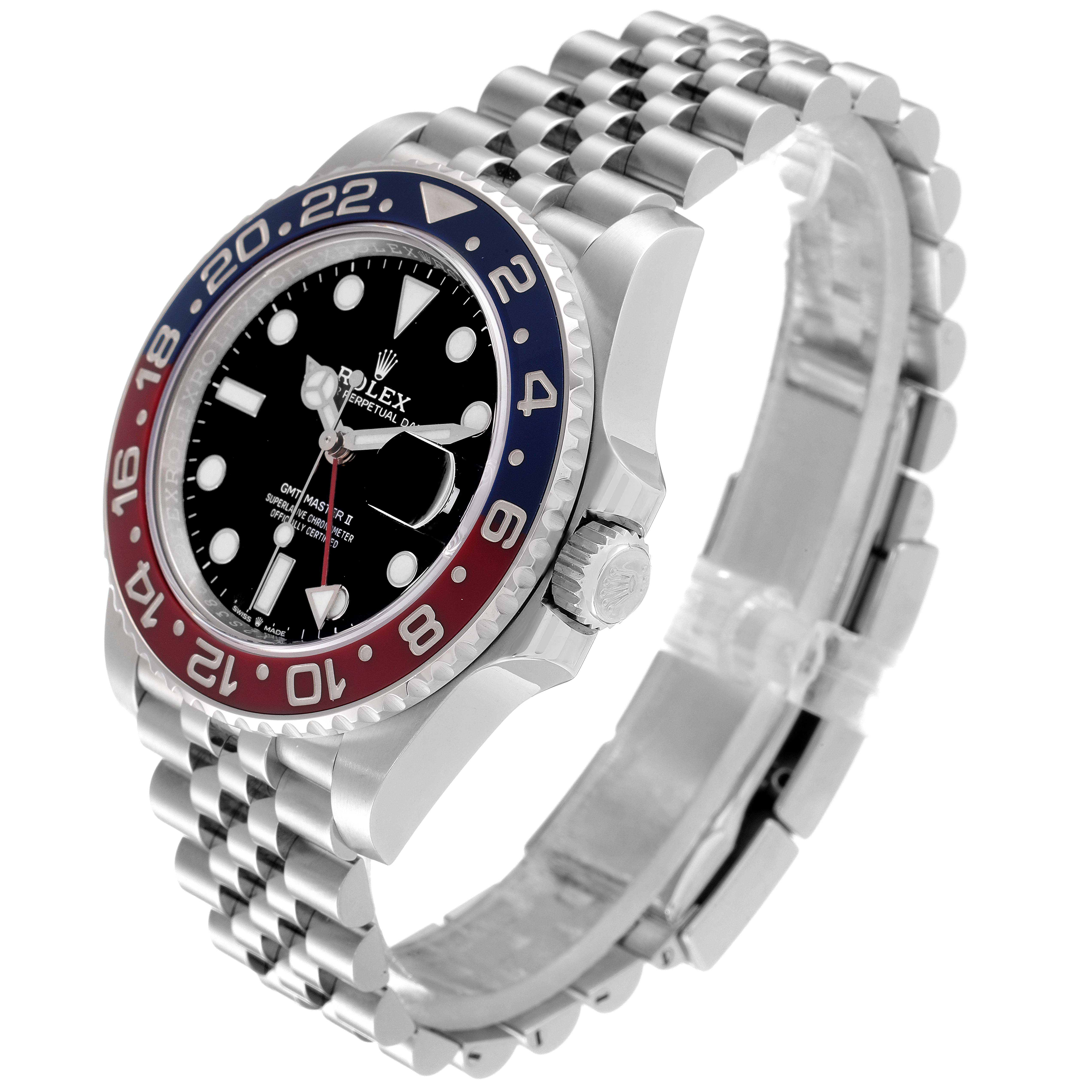 This Rolex GMT-Master 126710 Men
s Stainless Steel Black Dial 126710 Men
s Stainless Steel Black Dial watch is shown at a 3/4 angle, highlighting its bezel, dial, crown, and Jubilee bracelet.
