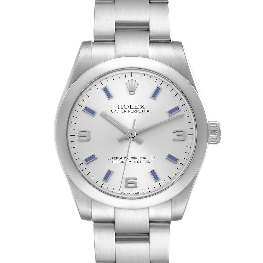 The Rolex Oyster Perpetual Mid-Size watch is shown from the front, displaying the dial, hands, and bracelet.