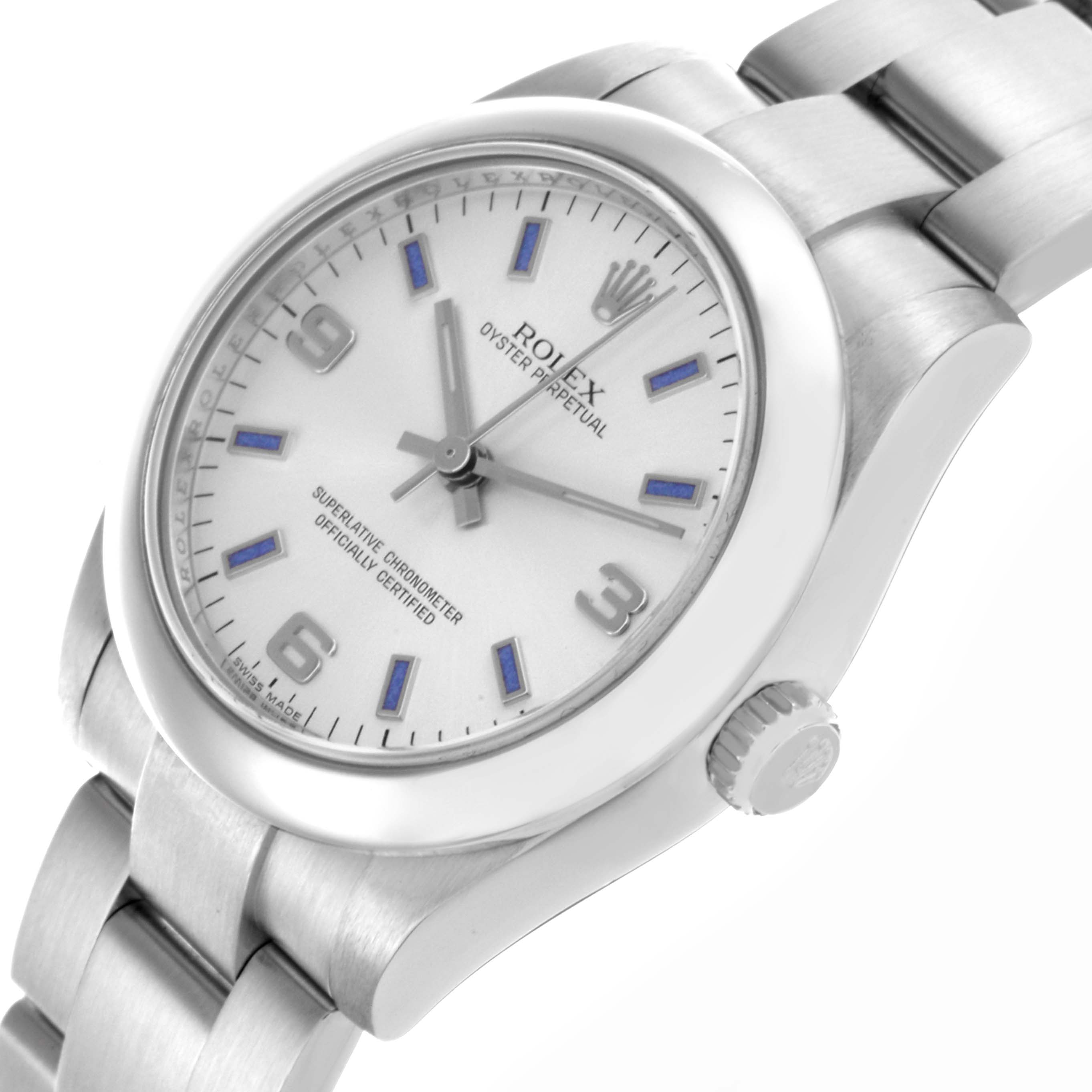 This Rolex Mid-Size 177200 Women
s Stainless Steel Silver Dial 177200 Women
s Stainless Steel Silver Dial watch is shown at an angle highlighting the face, bezel, crown, and part of the bracelet.