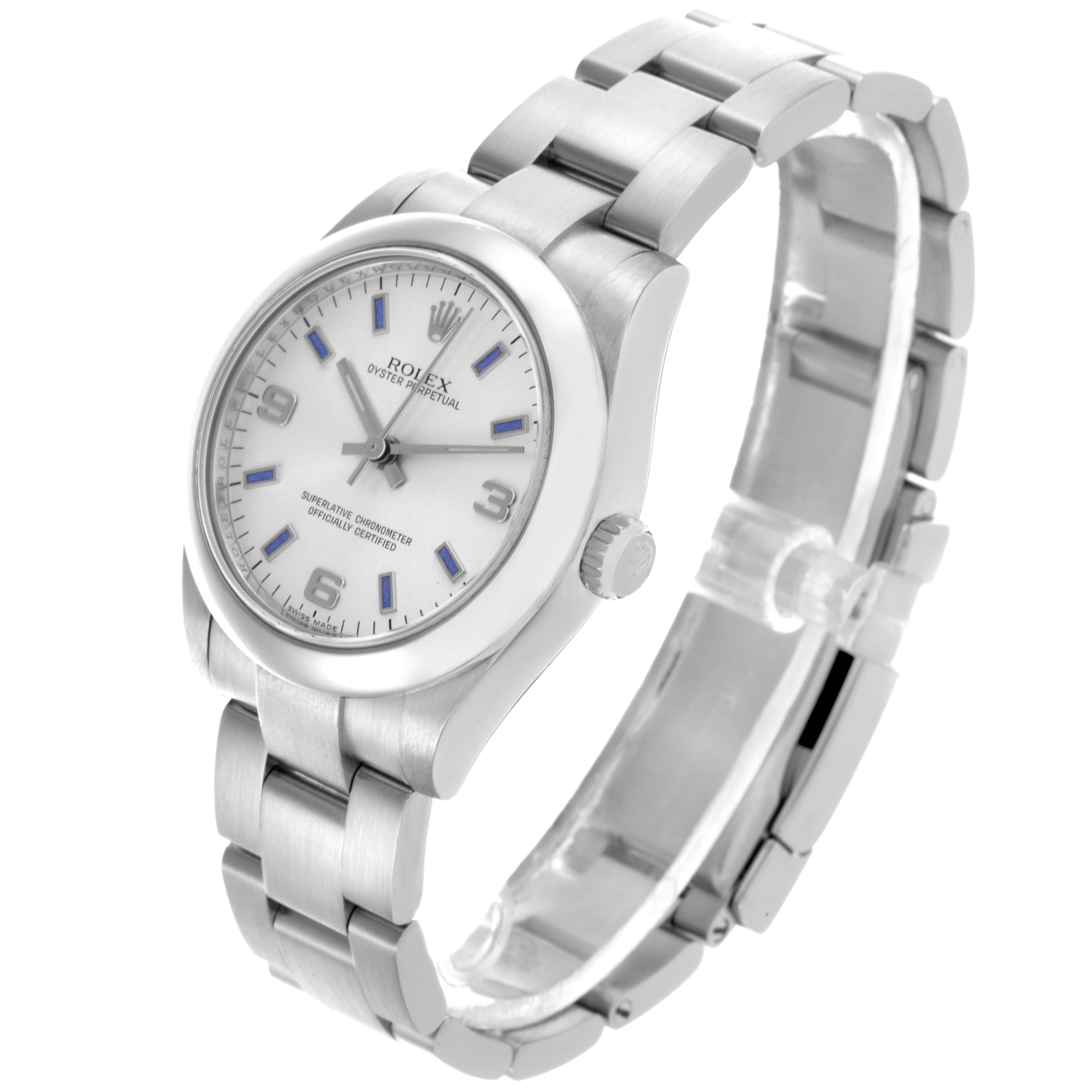 The Rolex Mid-Size 177200 Women
s Stainless Steel Silver Dial 177200 Women
s Stainless Steel Silver Dial watch is shown at an angled view, highlighting the face, bezel, crown, and bracelet.