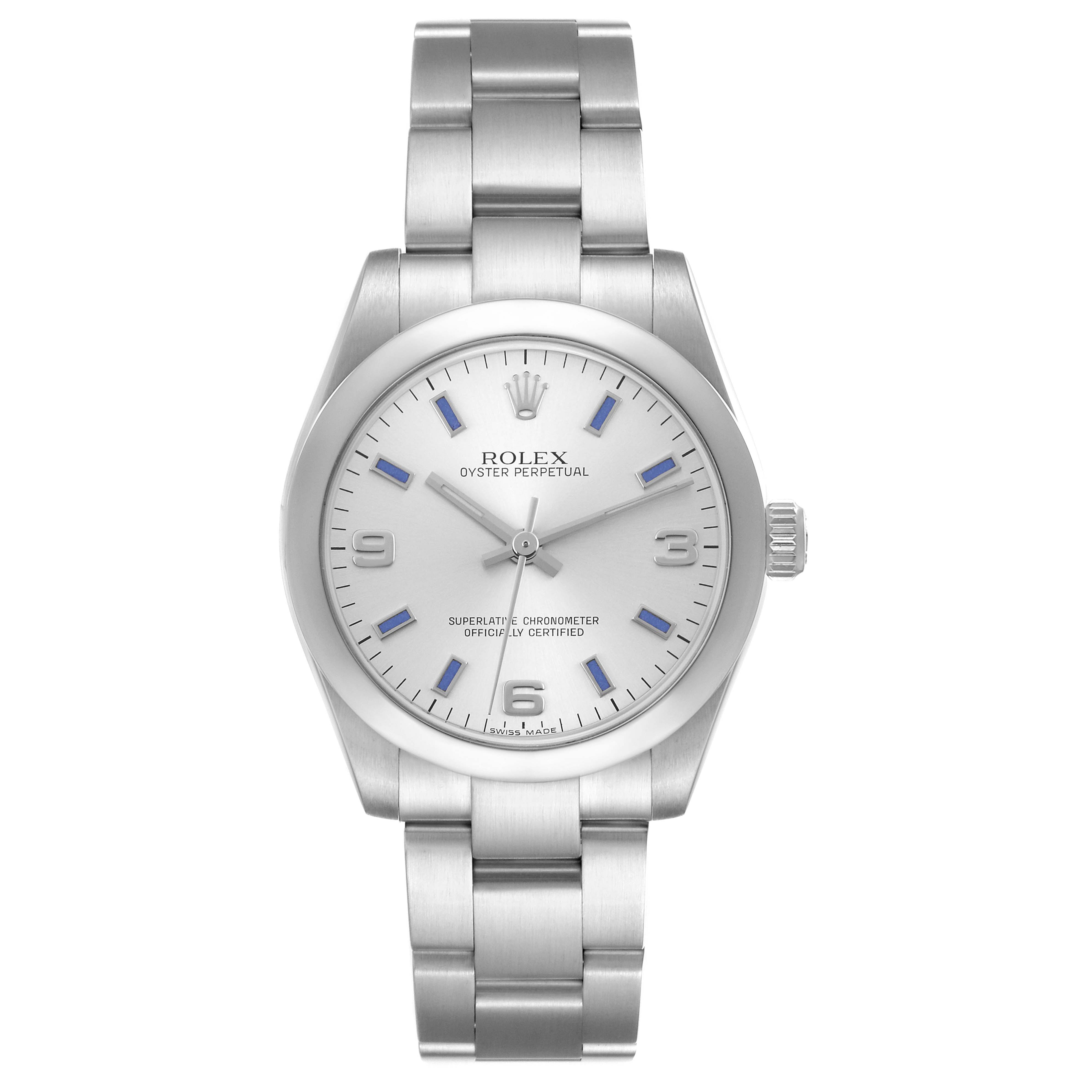 The Rolex Mid-Size 177200 Women
s Stainless Steel Silver Dial 177200 Women
s Stainless Steel Silver Dial watch is shown from a top-down angle, displaying the full face and stainless steel bracelet.