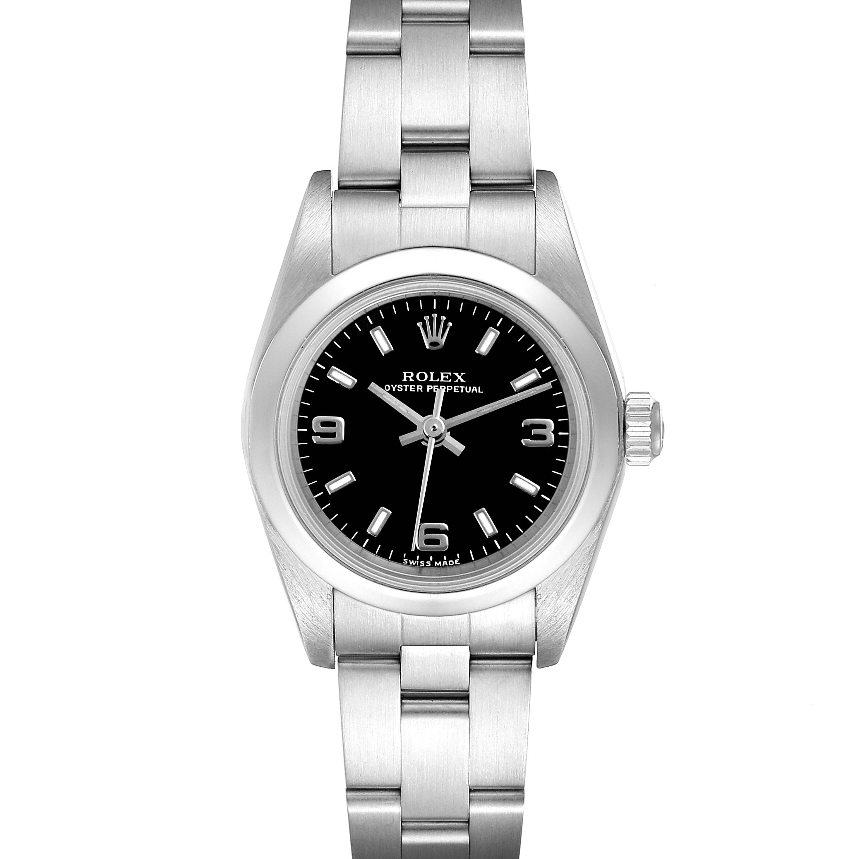 This image shows a front view of a Rolex Oyster Perpetual 76080 Women's Stainless Steel Black Dial 76080 Women's Stainless Steel Black Dial watch, highlighting its dial, bezel, and bracelet.