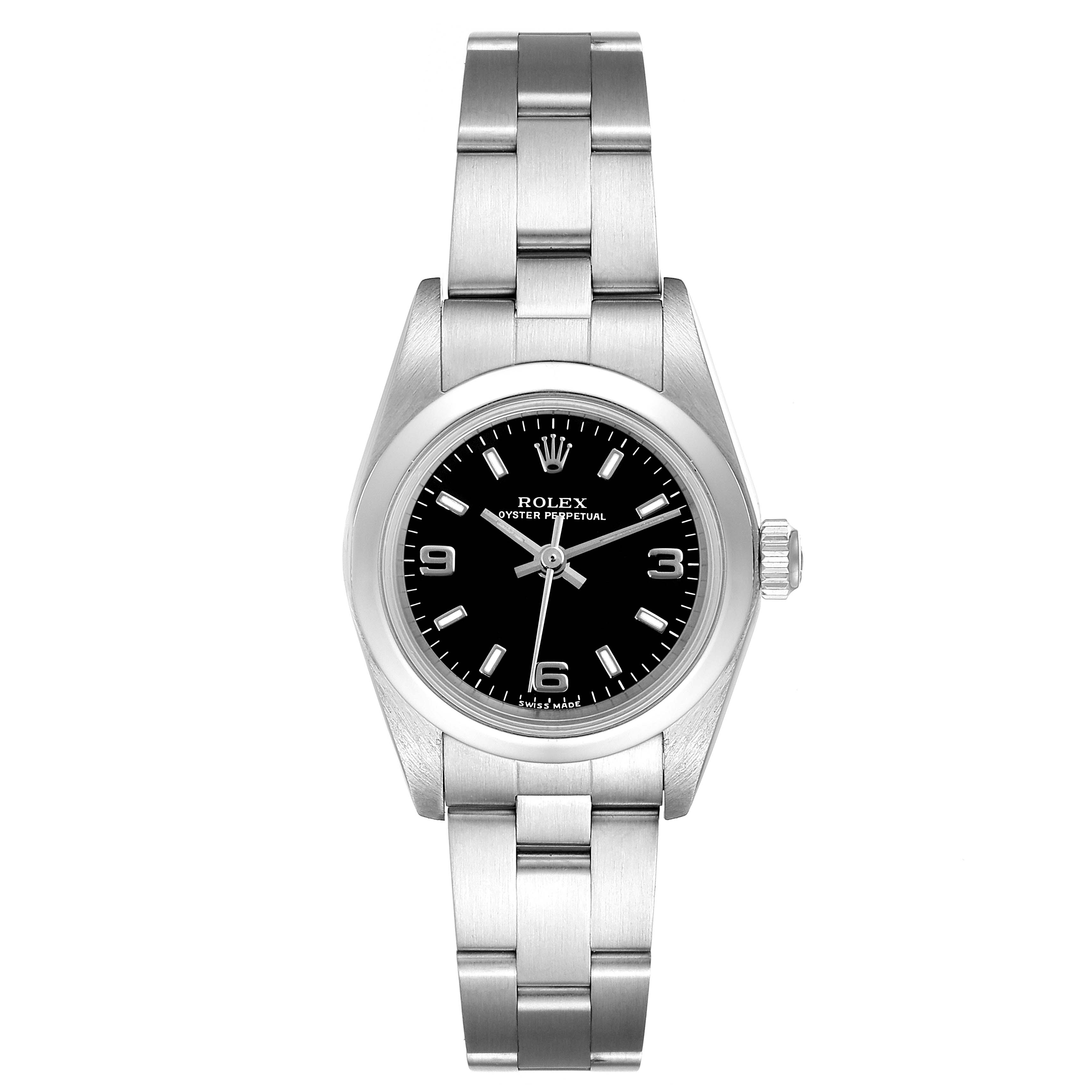 This Rolex Oyster Perpetual 76080 Women's Stainless Steel Black Dial 76080 Women's Stainless Steel Black Dial watch is shown from a direct front angle, displaying the dial, bezel, and bracelet.