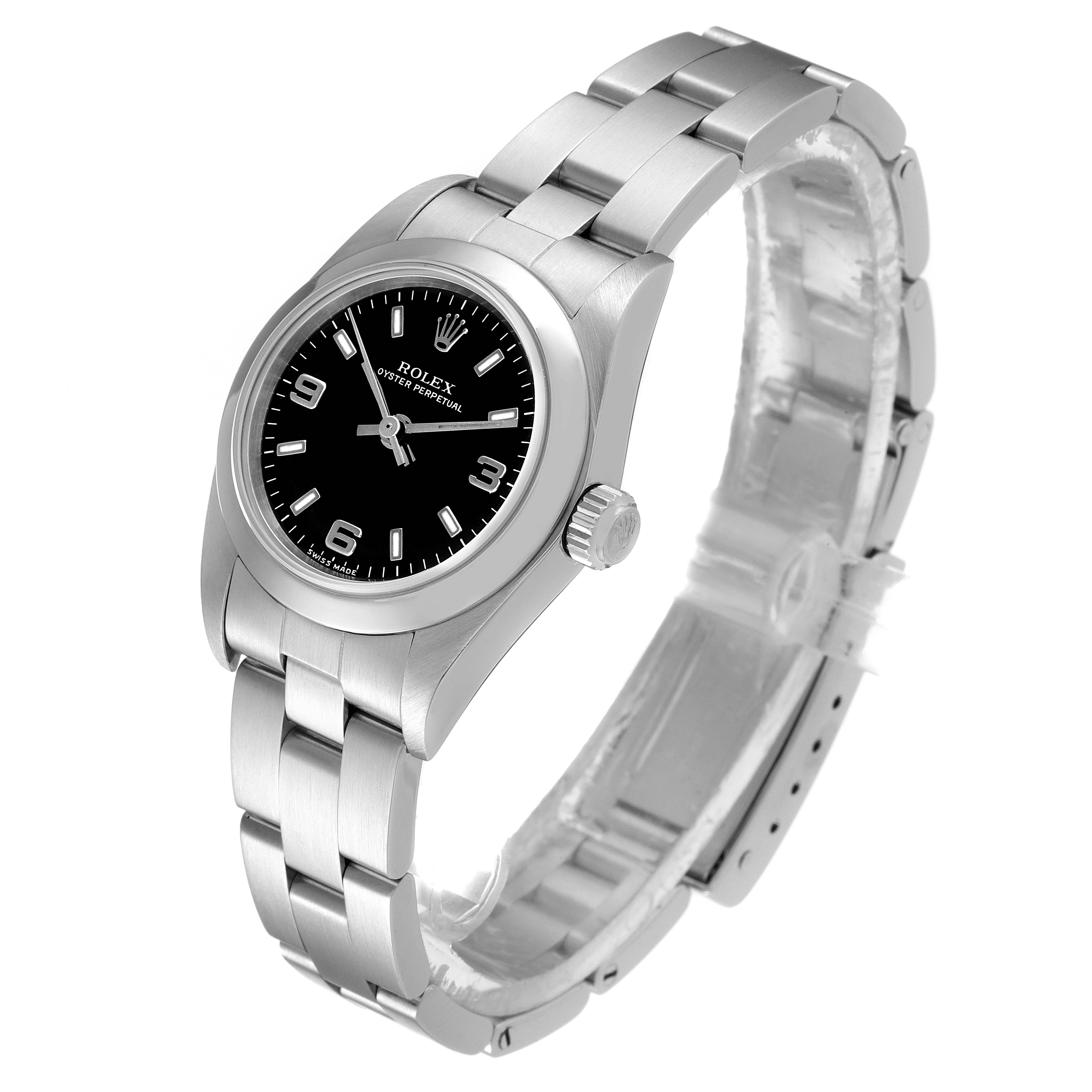 This is a side angle of a Rolex Oyster Perpetual 76080 Women's Stainless Steel Black Dial 76080 Women's Stainless Steel Black Dial watch, showing the face, case, crown, and bracelet.