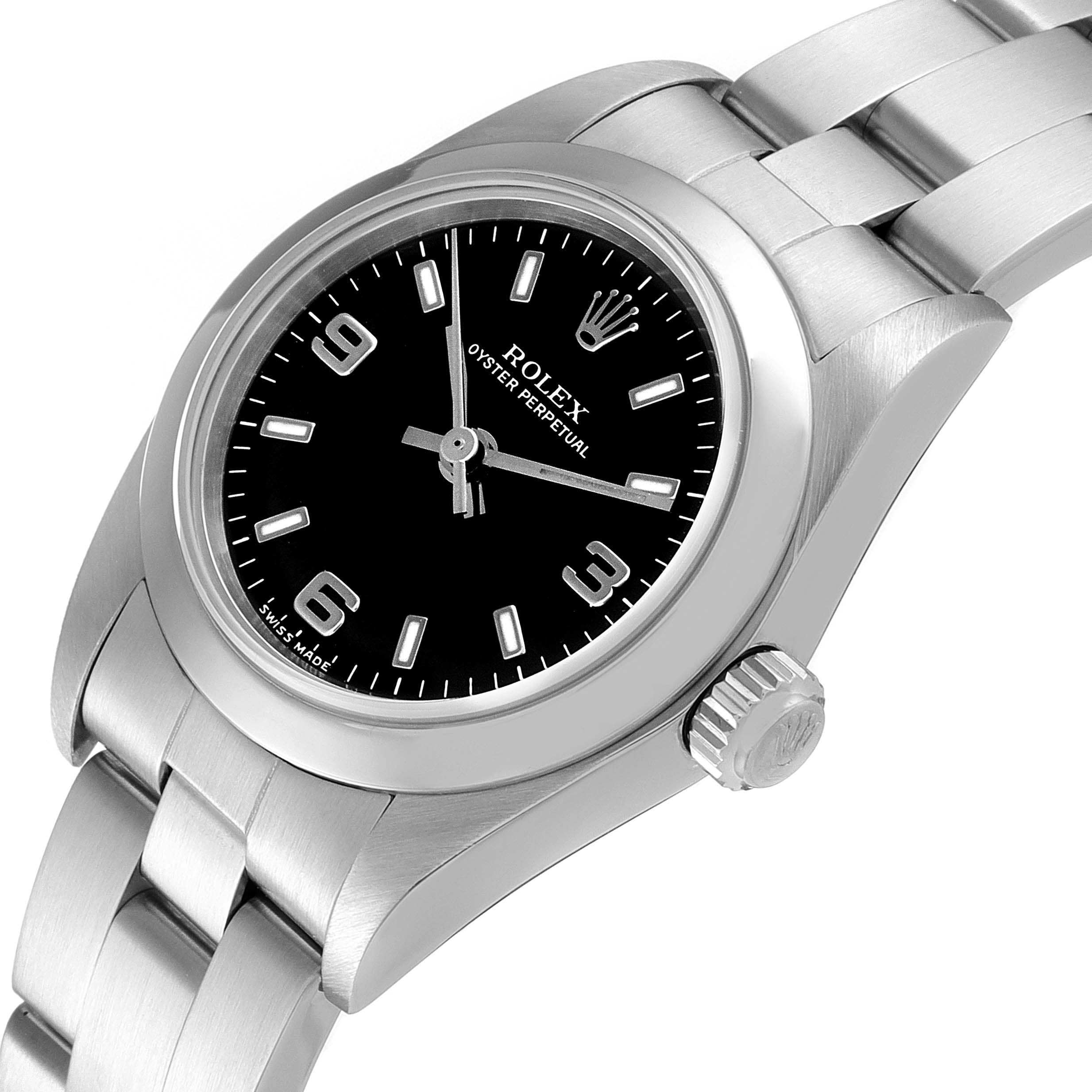 The image shows a Rolex Oyster Perpetual 76080 Women's Stainless Steel Black Dial 76080 Women's Stainless Steel Black Dial watch from a tilted angle, highlighting the dial, bezel, and part of the bracelet.
