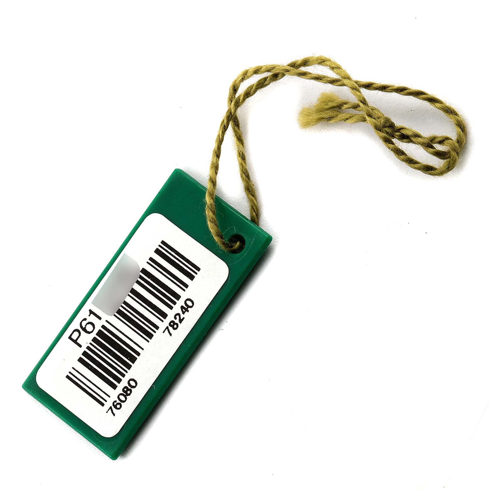 This image shows a green Rolex tag for an Oyster Perpetual watch model, featuring barcodes and a beige string.