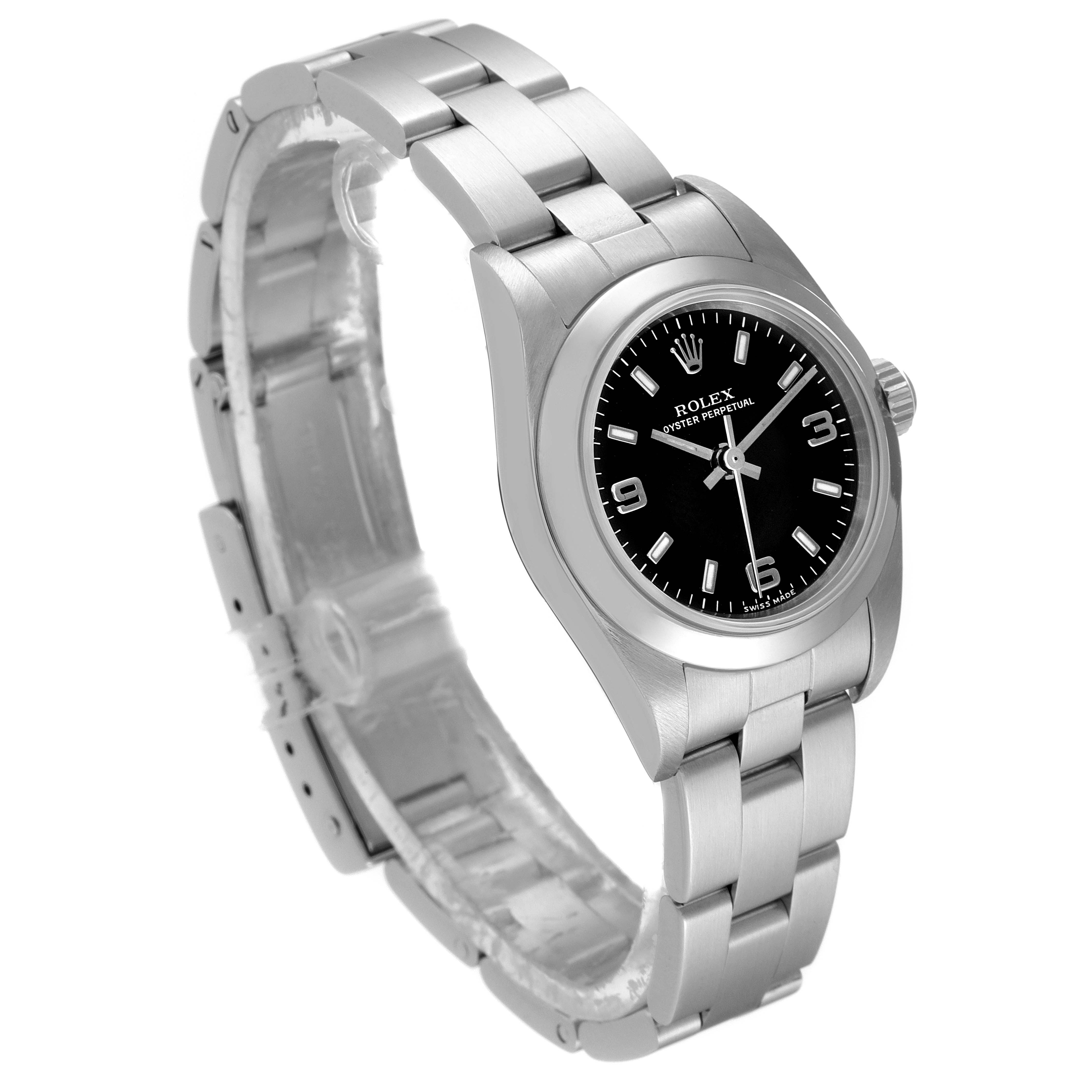 The Rolex Oyster Perpetual 76080 Women's Stainless Steel Black Dial 76080 Women's Stainless Steel Black Dial watch is shown at a slight angle, displaying its black dial, stainless steel case, and bracelet.