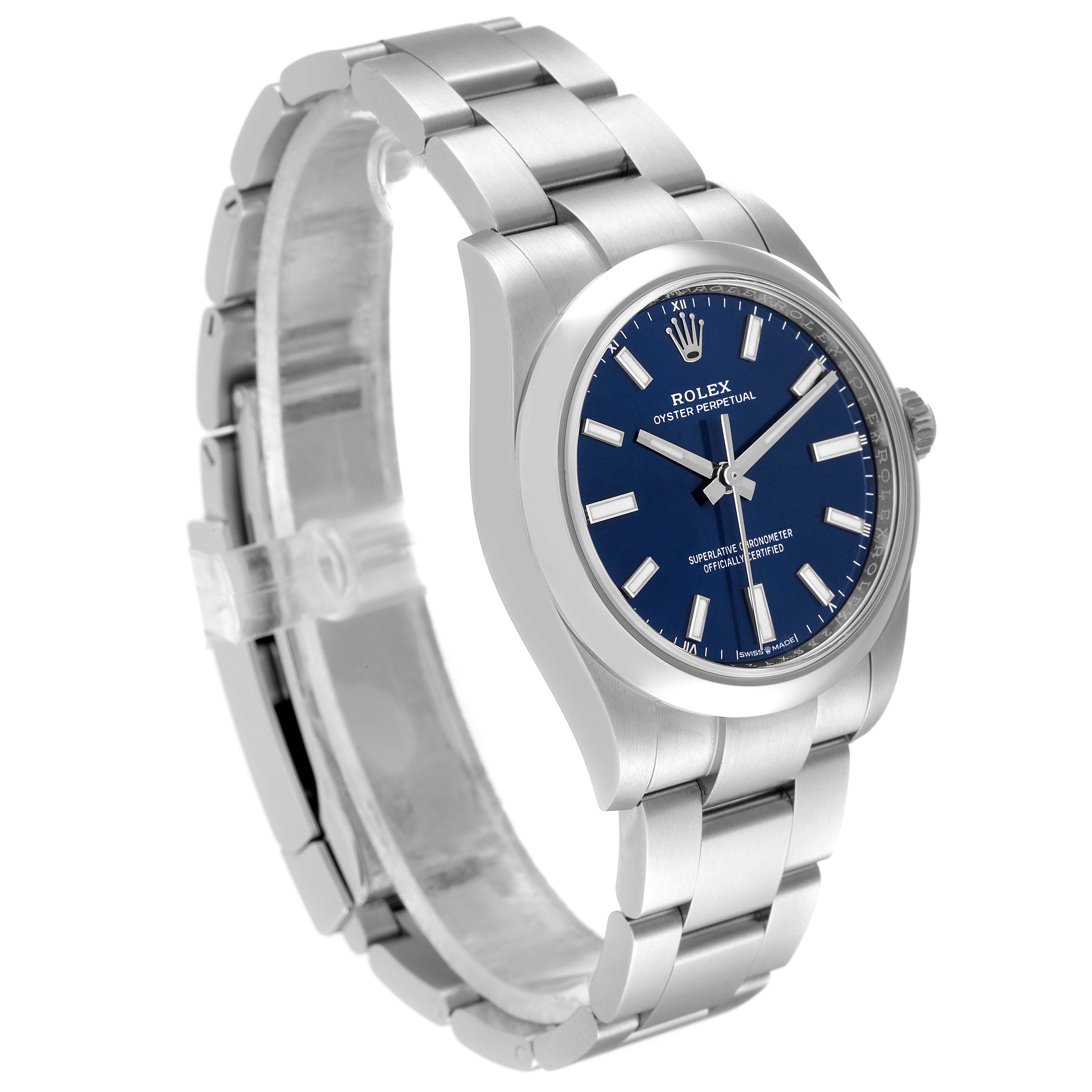 The Rolex Oyster Perpetual 124200 Men
s Stainless Steel Blue Dial 124200 Men
s Stainless Steel Blue Dial watch is shown at a three-quarter angle, highlighting the bracelet, case, and blue dial.