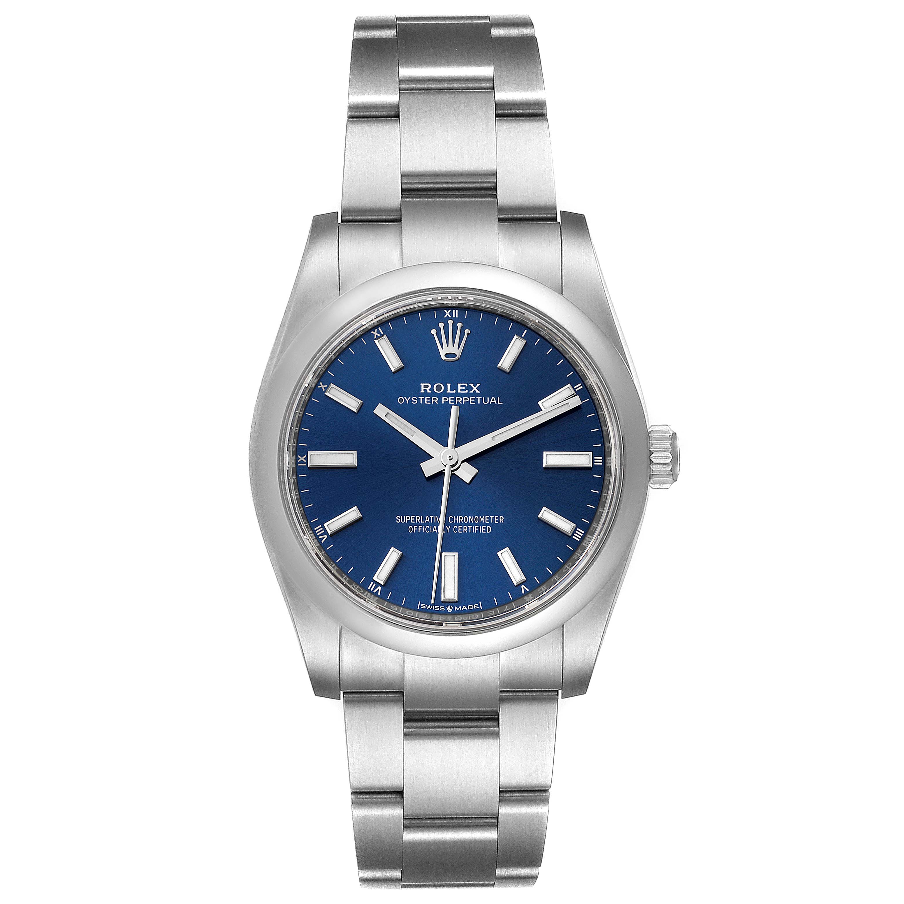 The image shows a front view of a Rolex Oyster Perpetual 124200 Men
s Stainless Steel Blue Dial 124200 Men
s Stainless Steel Blue Dial watch, highlighting its blue dial, stainless steel case, and bracelet.