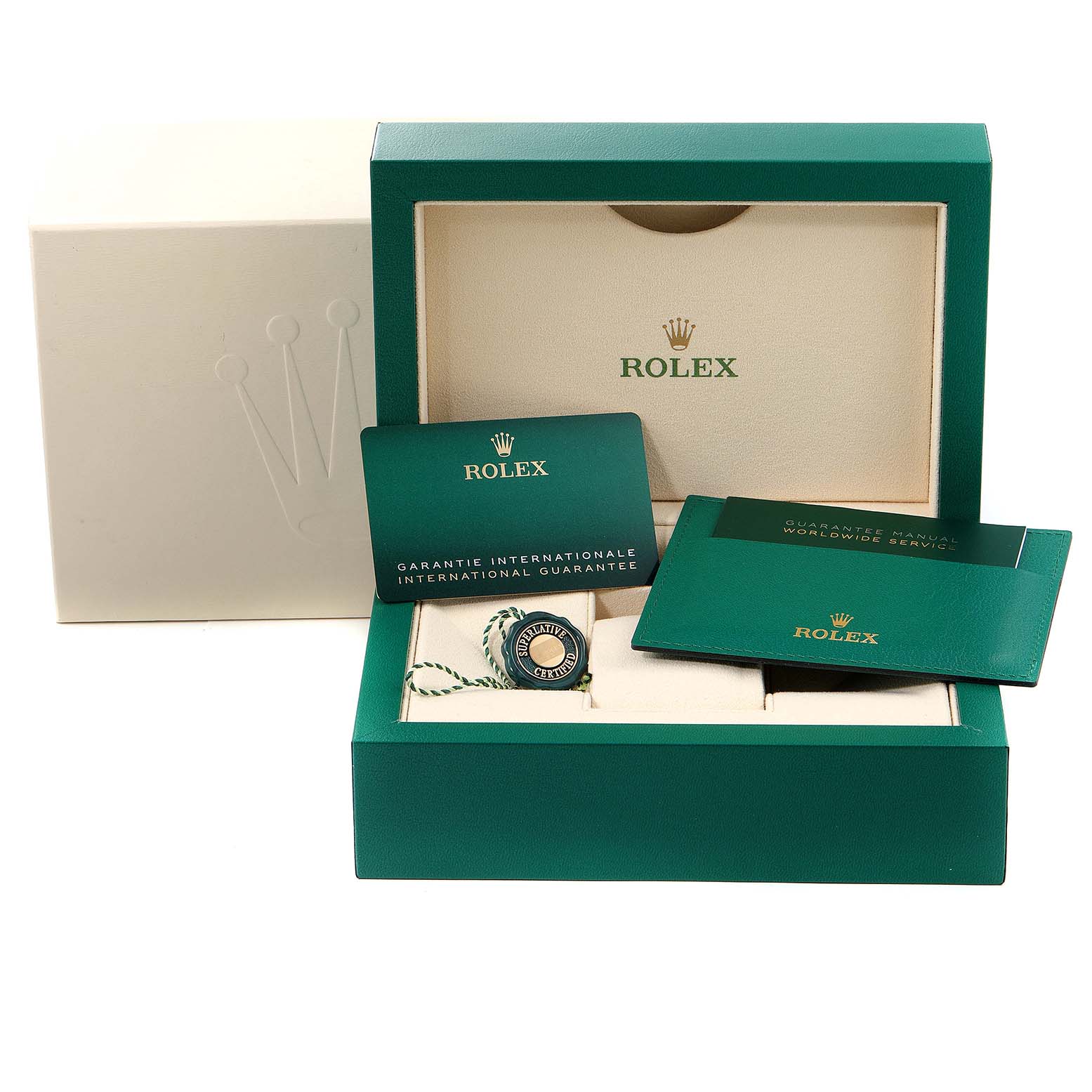 The image shows the packaging and accessories for the Rolex Oyster Perpetual 124200 Men
s Stainless Steel Blue Dial 124200 Men
s Stainless Steel Blue Dial, including boxes and warranty cards.