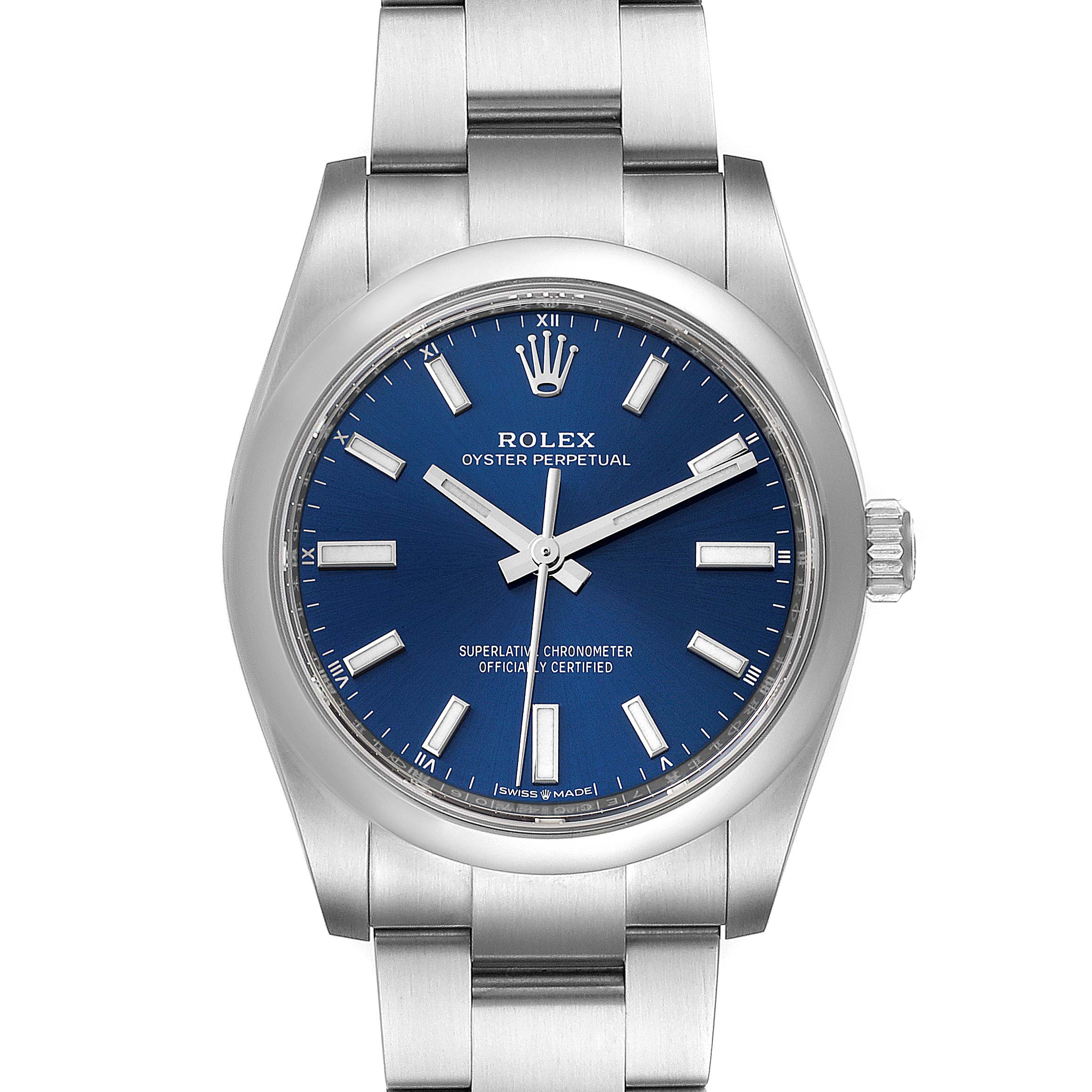 This is a Rolex Oyster Perpetual 124200 Men
s Stainless Steel Blue Dial 124200 Men
s Stainless Steel Blue Dial watch shown from the front, highlighting the blue dial, markers, hands, and stainless steel bracelet.