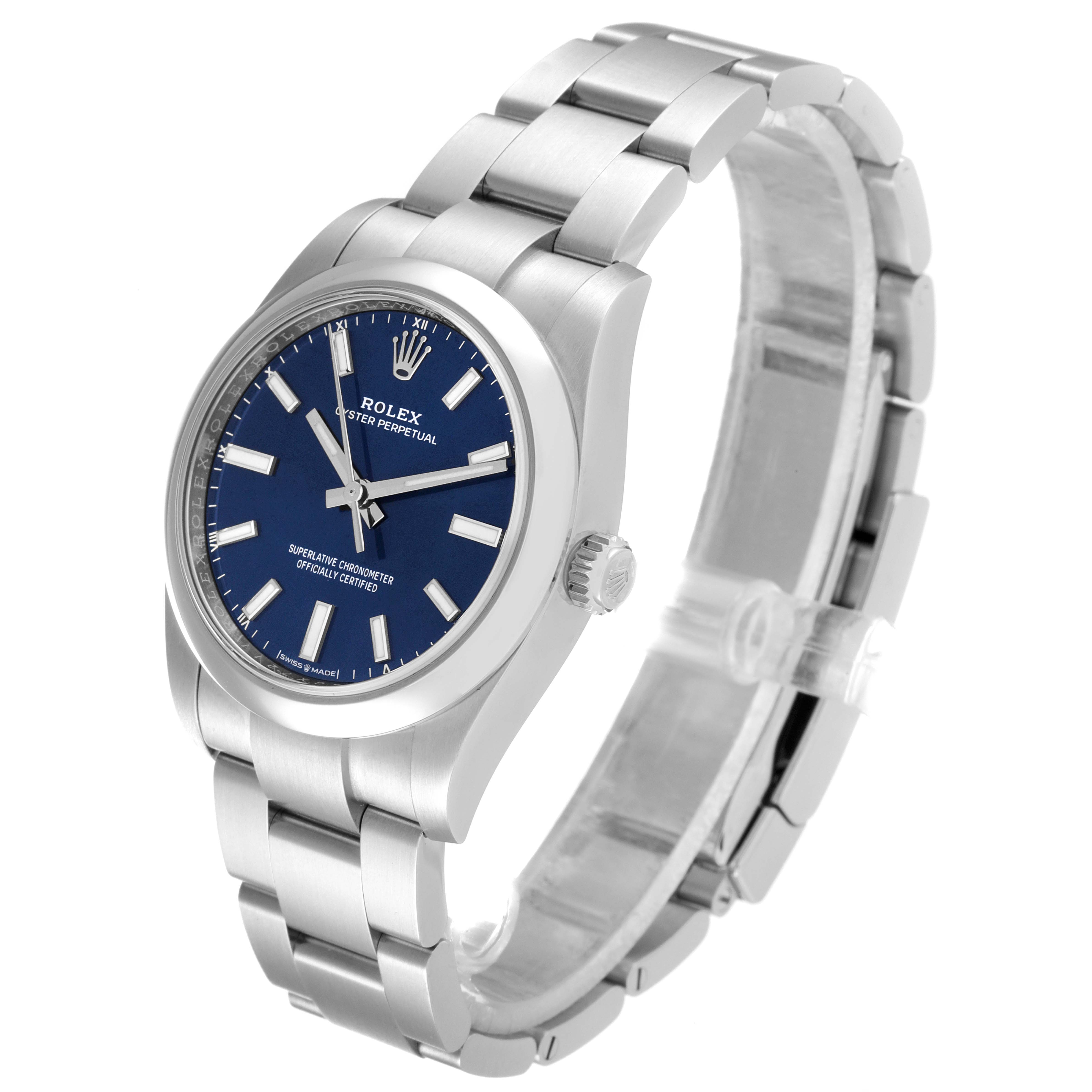 This image is of a Rolex Oyster Perpetual 124200 Men
s Stainless Steel Blue Dial 124200 Men
s Stainless Steel Blue Dial watch, showing the front dial and stainless steel bracelet at an angle.