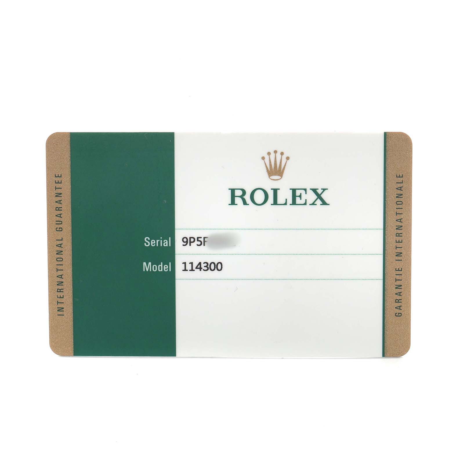 This image shows a Rolex Oyster Perpetual 114300 Men's Stainless Steel Blue Dial warranty card with model and serial information.