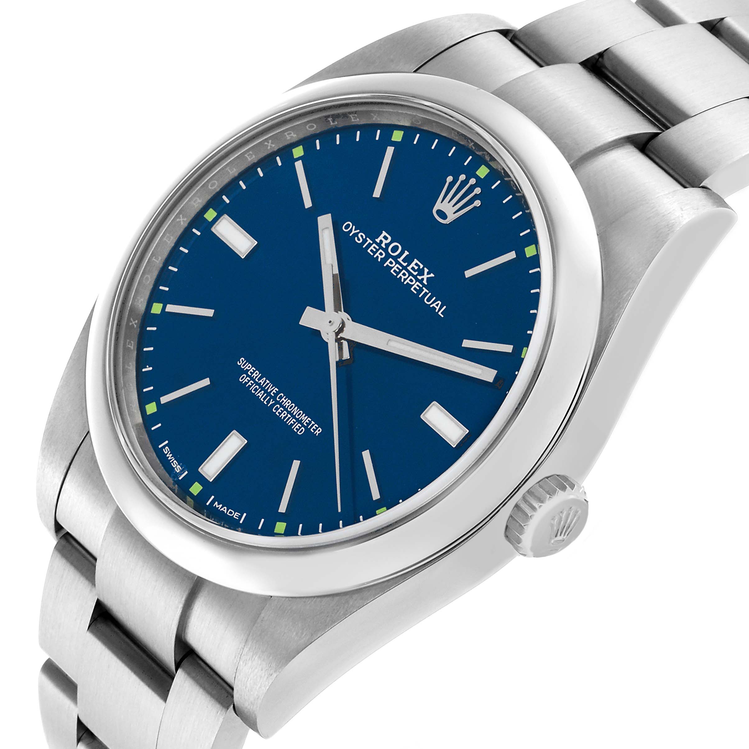 The Rolex Oyster Perpetual 114300 Men's Stainless Steel Blue Dial watch is shown at a tilted angle, displaying the blue dial, crown, and part of the bracelet.