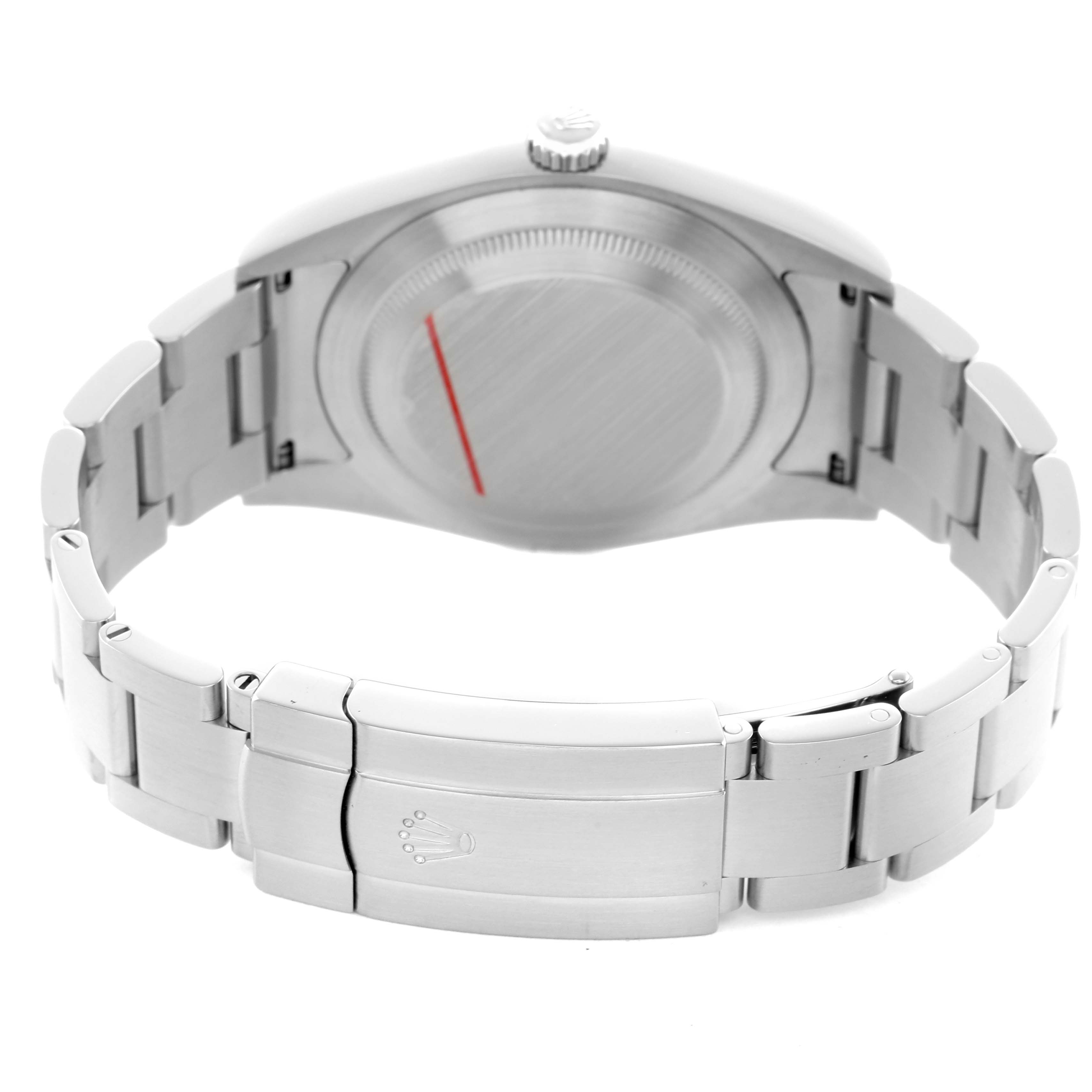 The image shows the back view of a Rolex Oyster Perpetual 114300 Men's Stainless Steel Blue Dial, highlighting the case back, bracelet, and clasp.