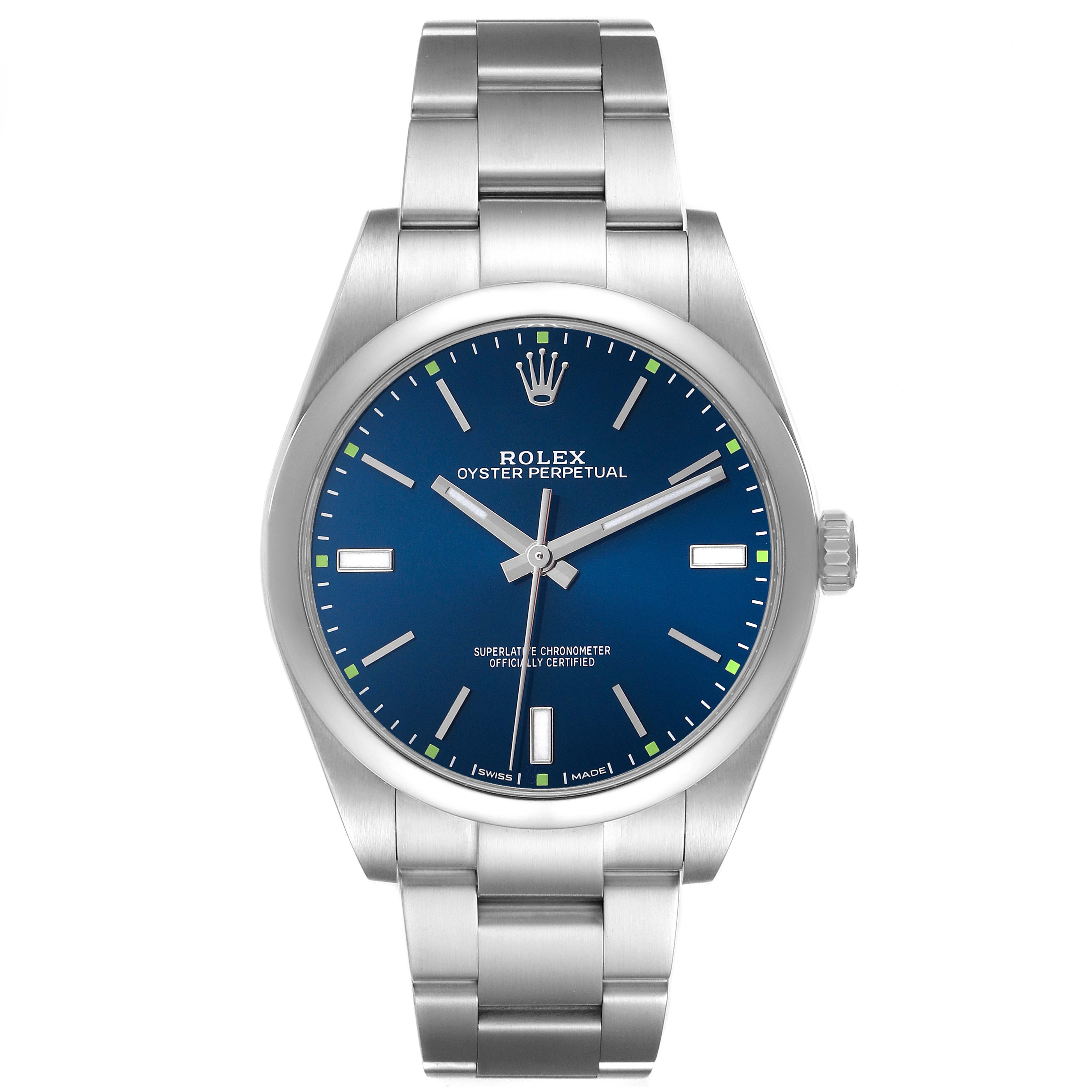 The Rolex Oyster Perpetual 114300 Men's Stainless Steel Blue Dial watch is shown from a front angle, highlighting the blue dial and stainless steel bracelet.