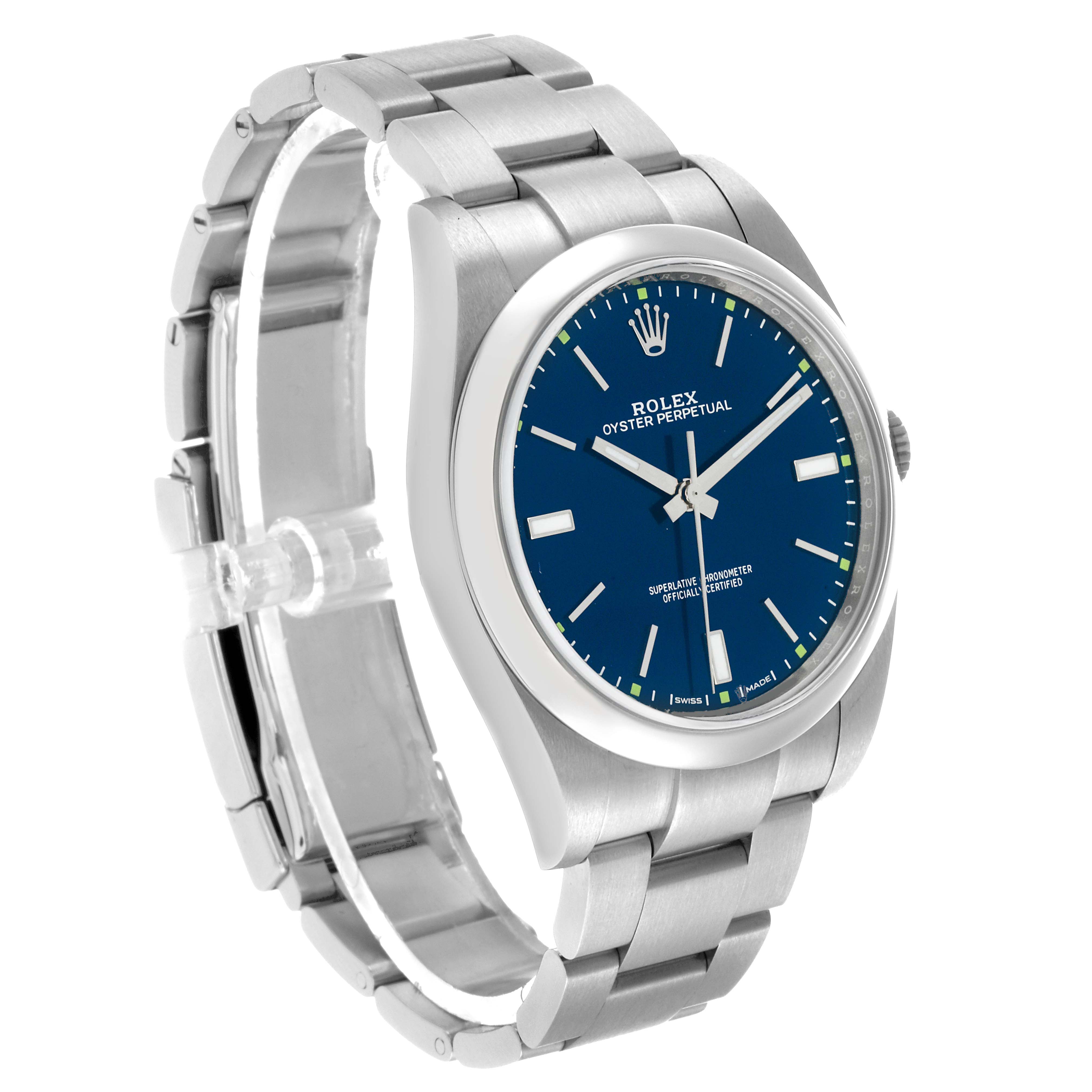 The Rolex Oyster Perpetual 114300 Men's Stainless Steel Blue Dial watch is shown in a three-quarter angle, displaying the blue dial, bezel, and part of the bracelet.