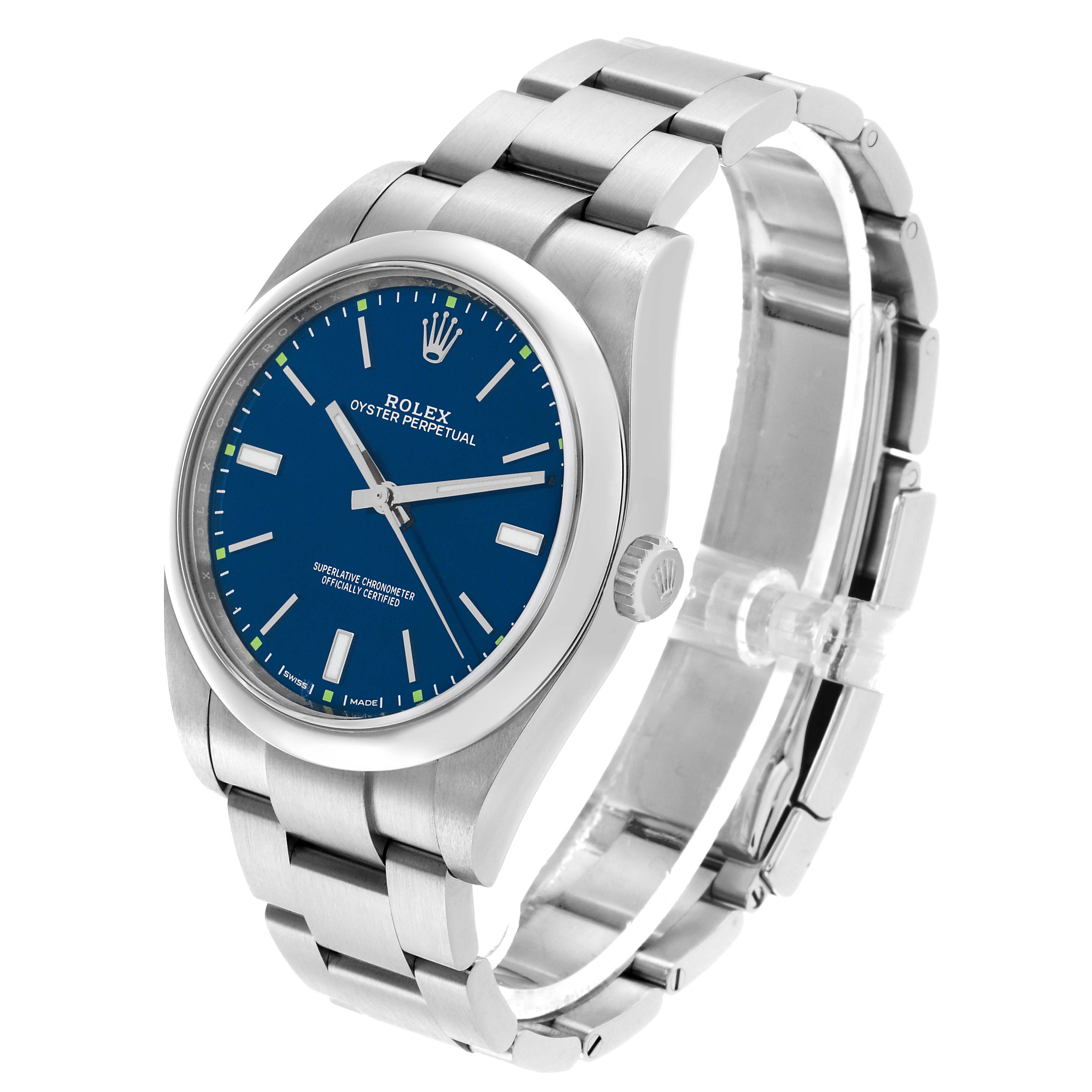 The Rolex Oyster Perpetual 114300 Men's Stainless Steel Blue Dial watch is shown at a three-quarter angle, displaying the blue dial, case, crown, and bracelet.