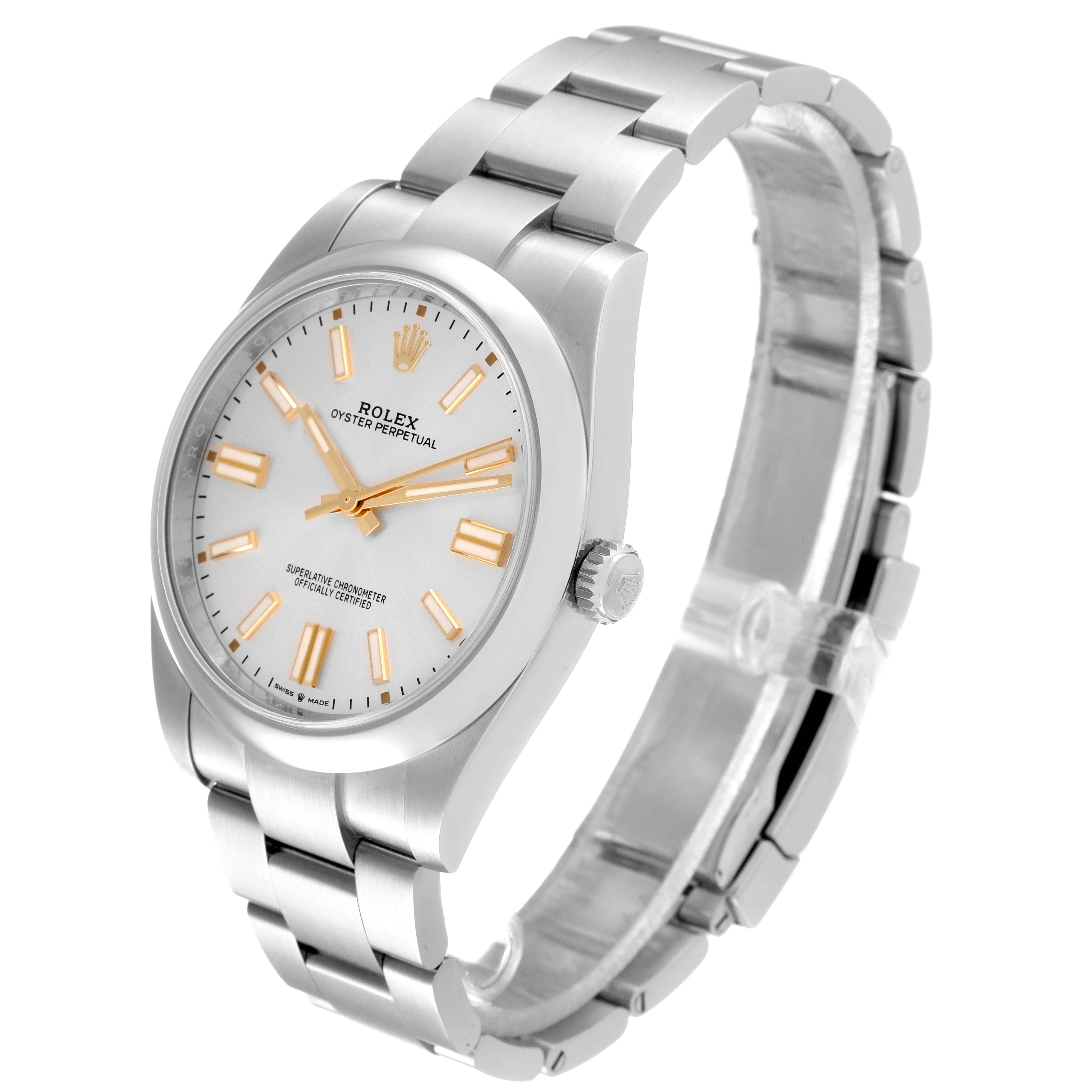 This Rolex Oyster Perpetual 124300 Men's Stainless Steel Silver Dial 124300 Men's Stainless Steel Silver Dial watch is shown at a three-quarter angle, highlighting the bracelet and dial.