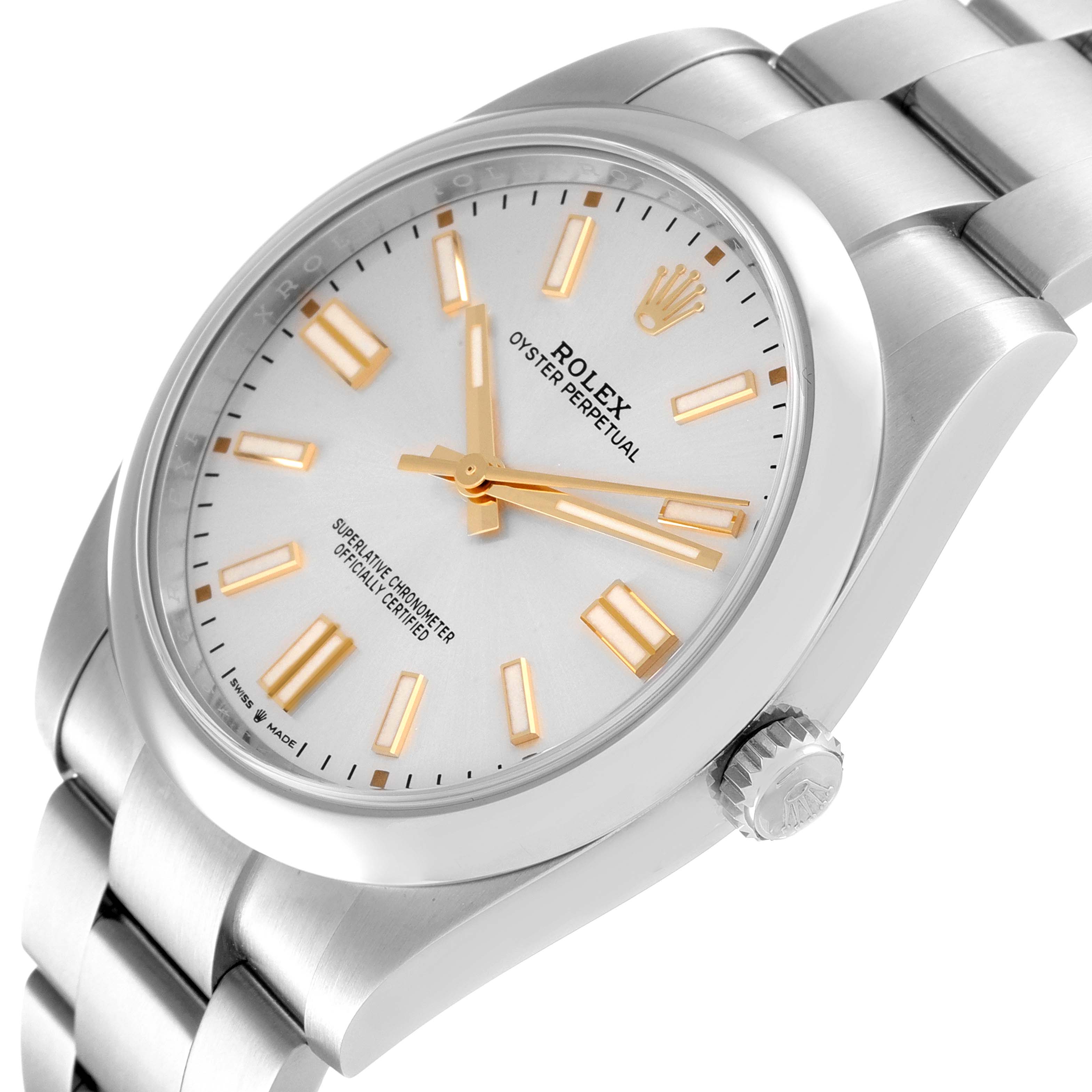 The image shows a Rolex Oyster Perpetual 124300 Men's Stainless Steel Silver Dial 124300 Men's Stainless Steel Silver Dial watch angled from the front and slightly to the side, highlighting the dial and bracelet.