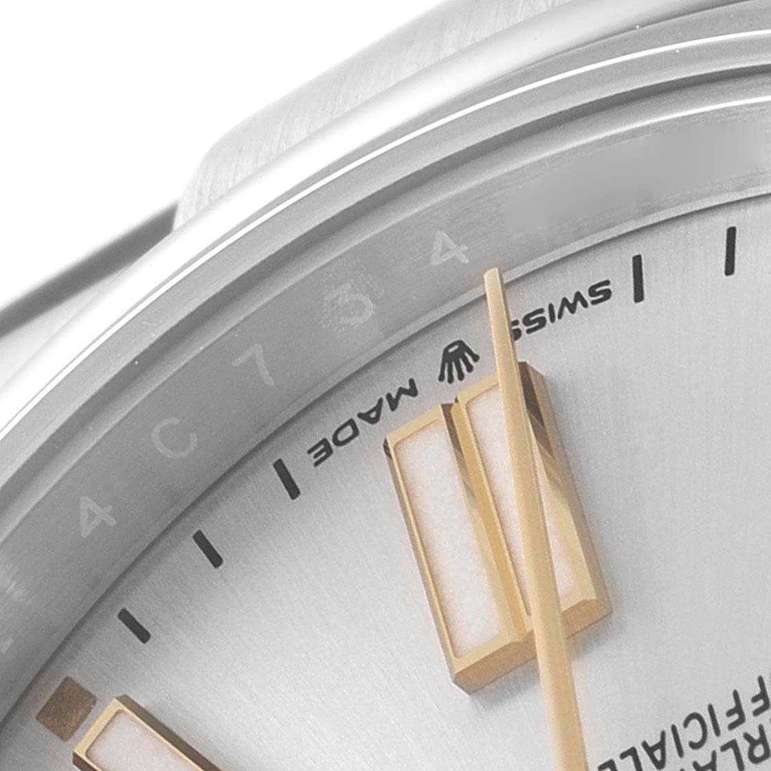 This close-up angle shows the dial and hands of a Rolex Oyster Perpetual 124300 Men's Stainless Steel Silver Dial 124300 Men's Stainless Steel Silver Dial watch, highlighting the hour markers and bezel.