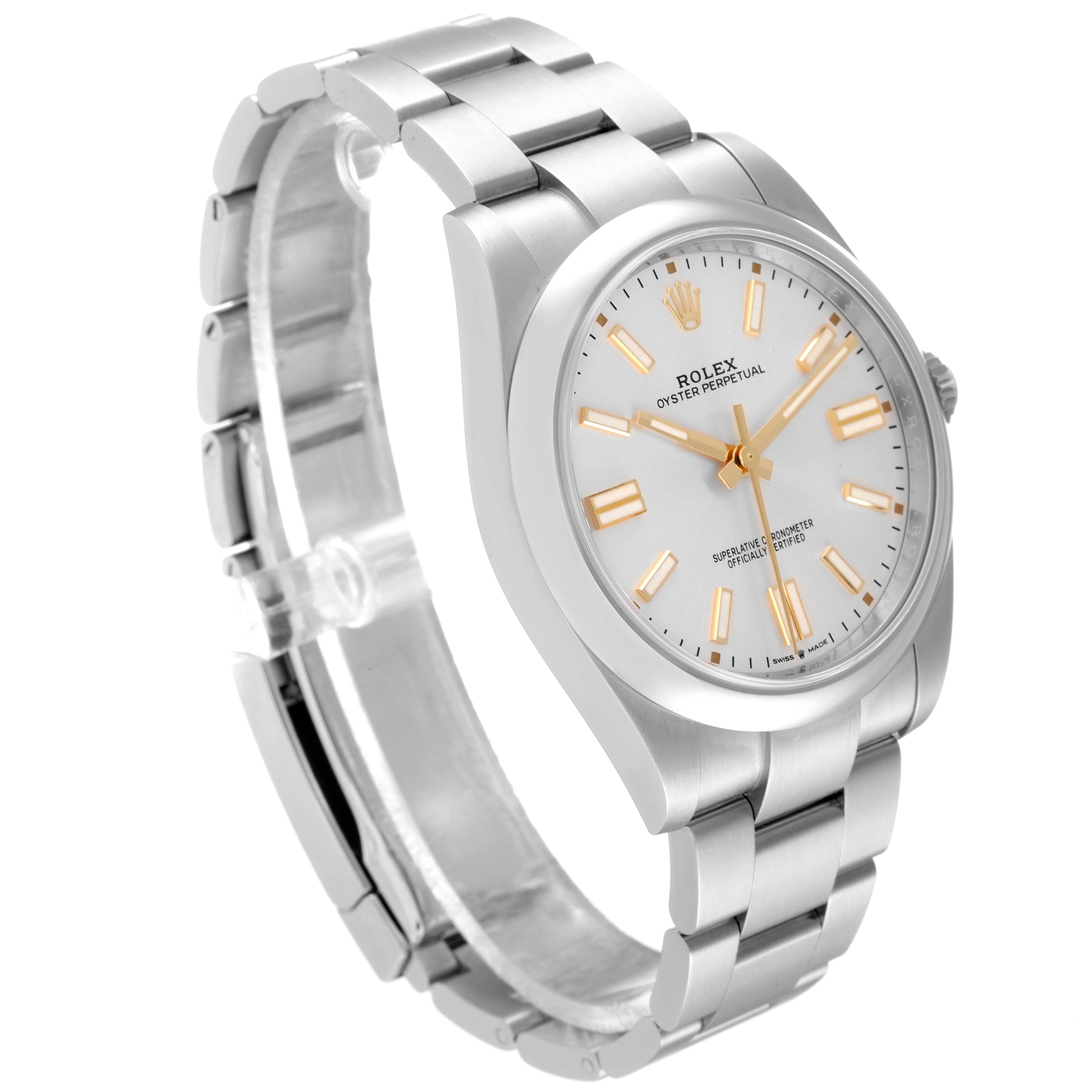 The Rolex Oyster Perpetual 124300 Men's Stainless Steel Silver Dial 124300 Men's Stainless Steel Silver Dial watch is shown at a slight left angle highlighting the face and metallic bracelet.