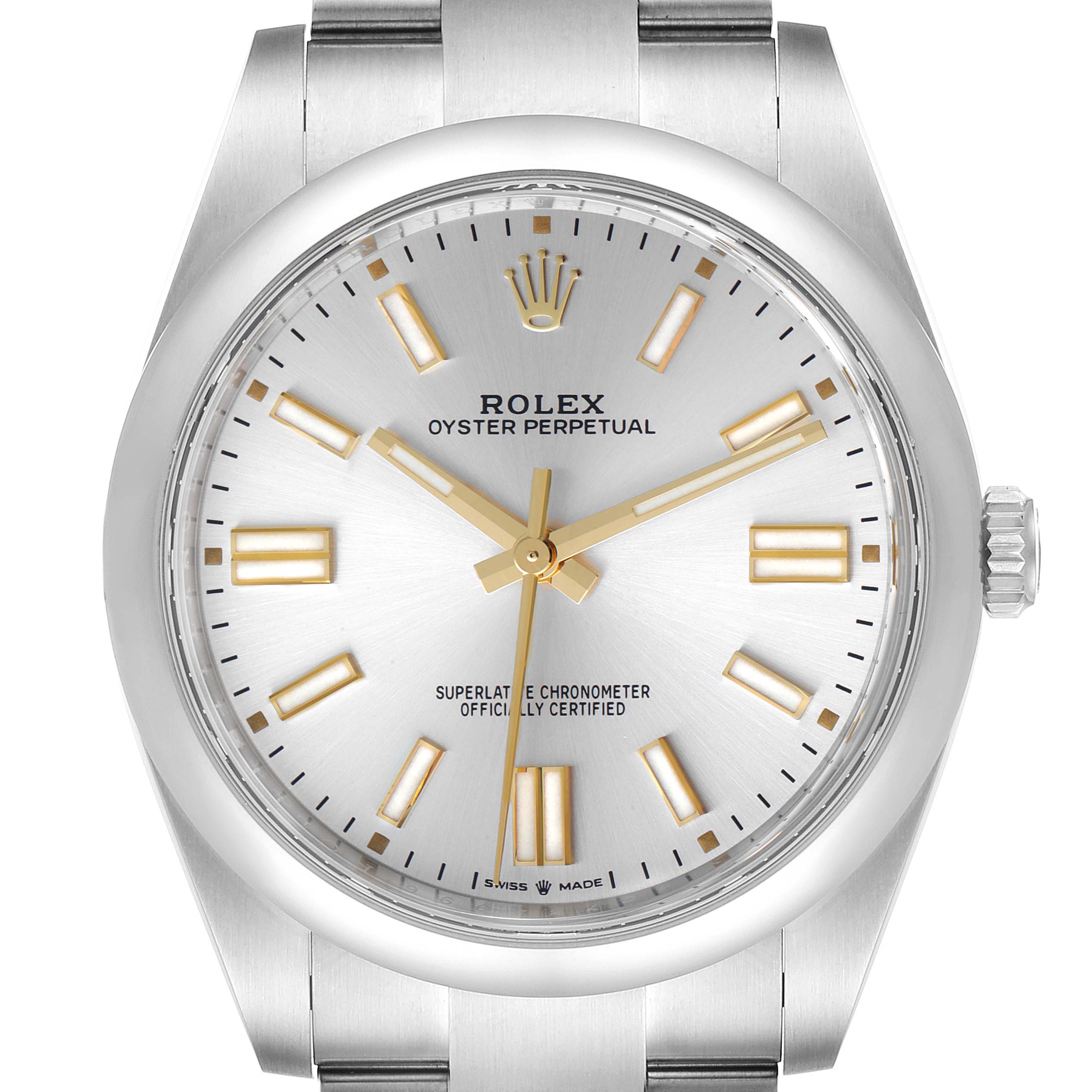 This image shows a front view of the Rolex Oyster Perpetual 124300 Men's Stainless Steel Silver Dial 124300 Men's Stainless Steel Silver Dial watch, highlighting the dial, hands, markers, and part of the bracelet.