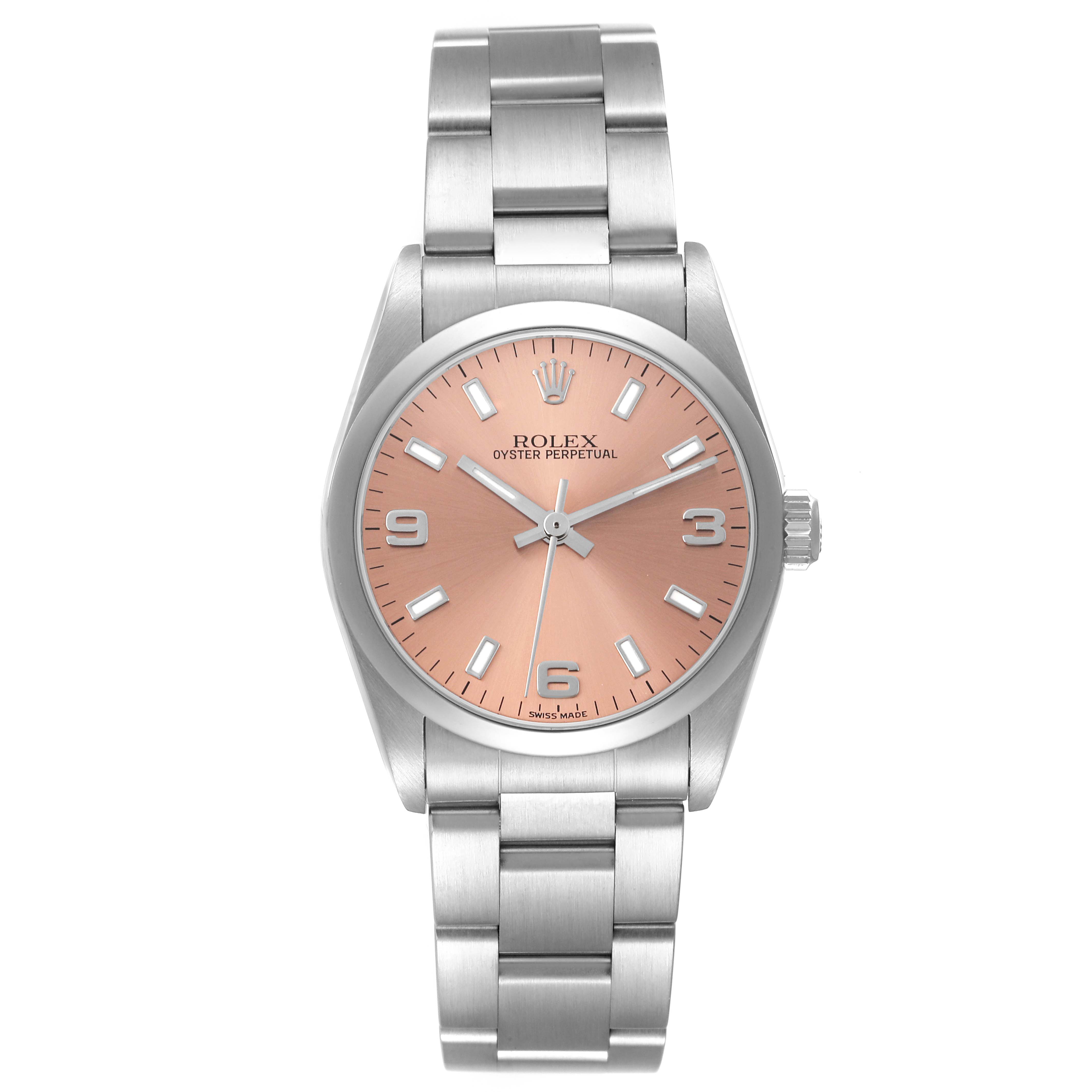 The Rolex Oyster Perpetual Mid-Size watch is shown from a top-down view, highlighting the face and bracelet.