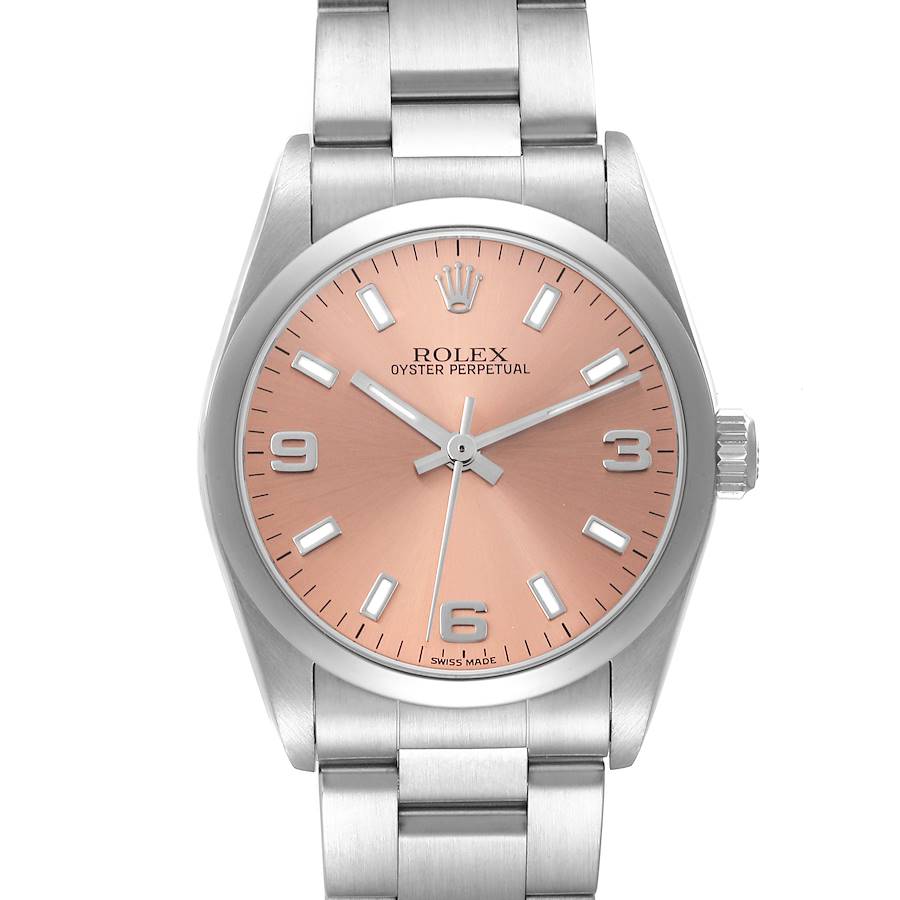 The Rolex Oyster Perpetual Mid-Size is shown from the front, displaying its dial, bezel, and part of the bracelet.