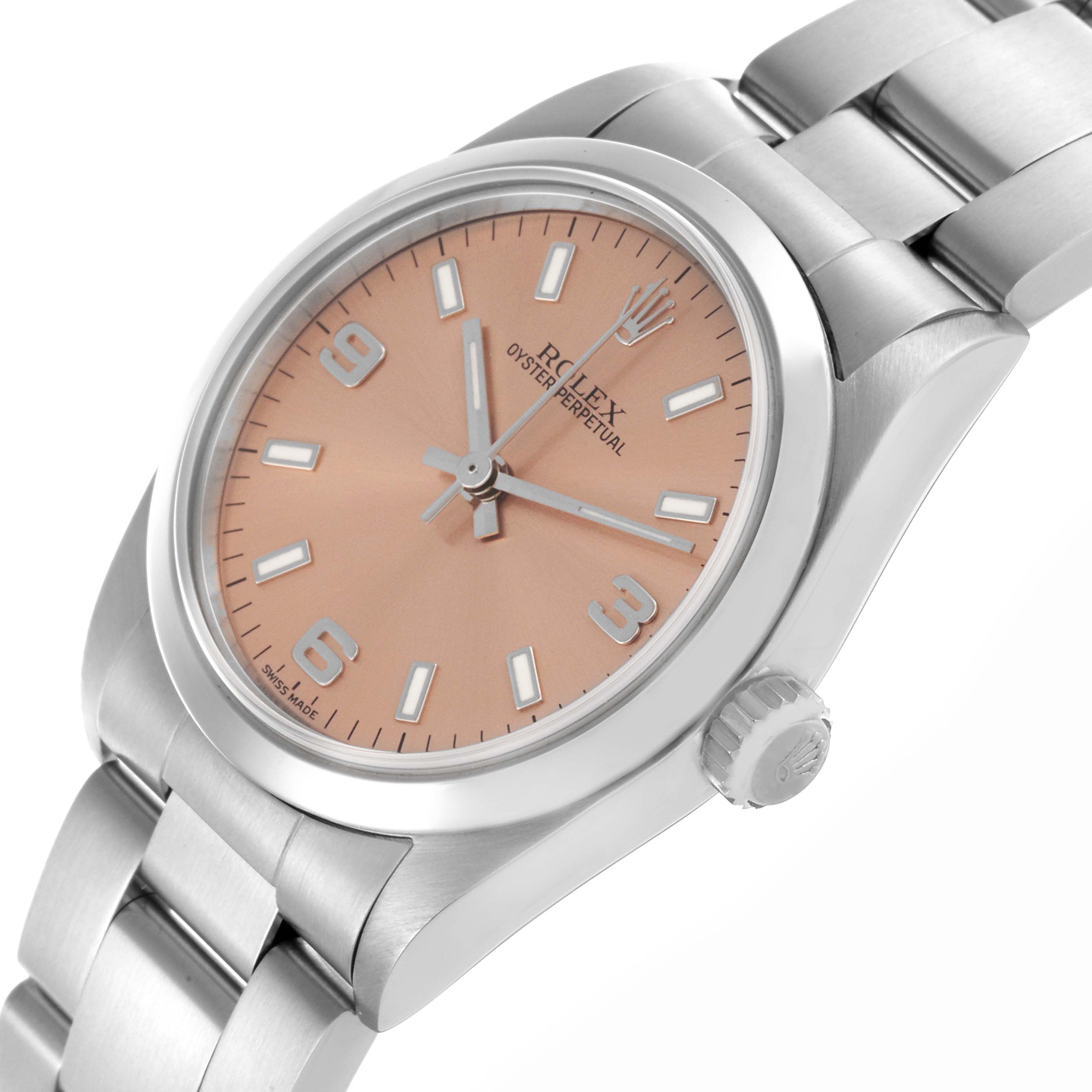 The Rolex Mid-Size 77080 Women's Stainless Steel Pink Dial 77080 Women's Stainless Steel Pink Dial watch is shown at a slight angle, displaying the face, bezel, crown, and part of the bracelet.