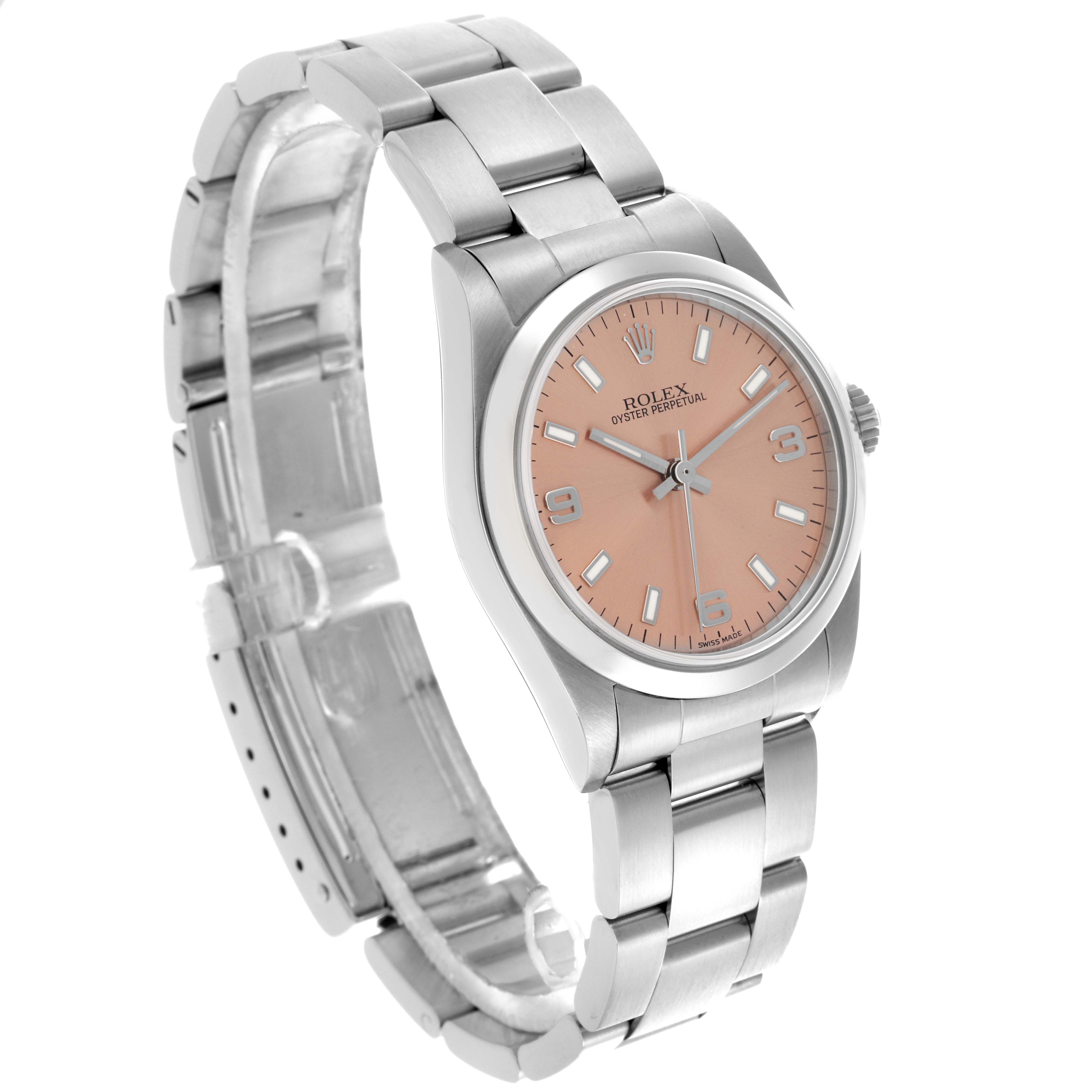 The Rolex Mid-Size 77080 Women's Stainless Steel Pink Dial 77080 Women's Stainless Steel Pink Dial watch is shown at a three-quarter angle, displaying the face, bezel, and bracelet.