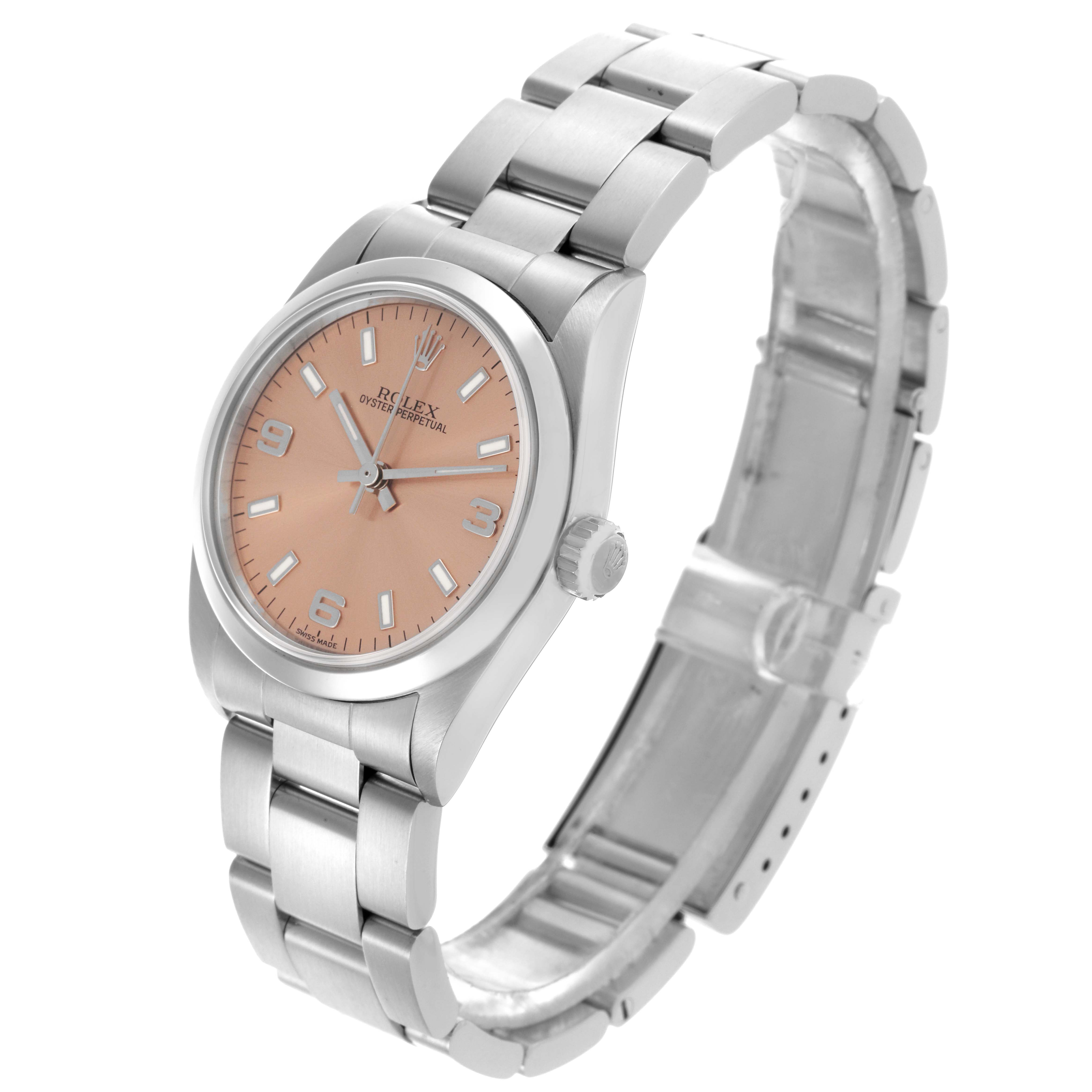 The Rolex Mid-Size 77080 Women's Stainless Steel Pink Dial 77080 Women's Stainless Steel Pink Dial watch is shown at a side angle, displaying the face, case, and bracelet.