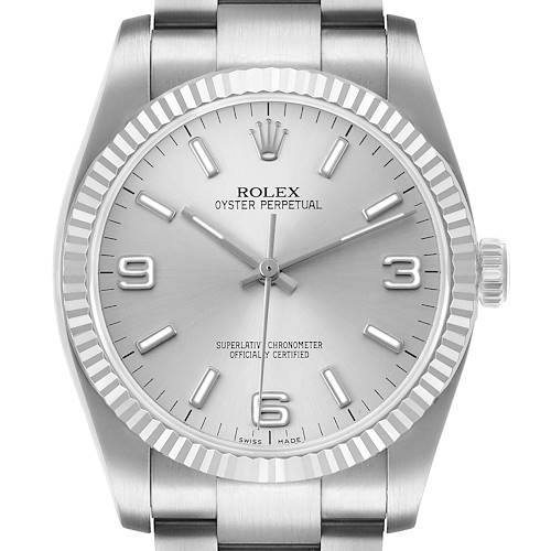 Photo of Rolex Oyster Perpetual Steel White Gold Silver Dial Mens Watch 116034