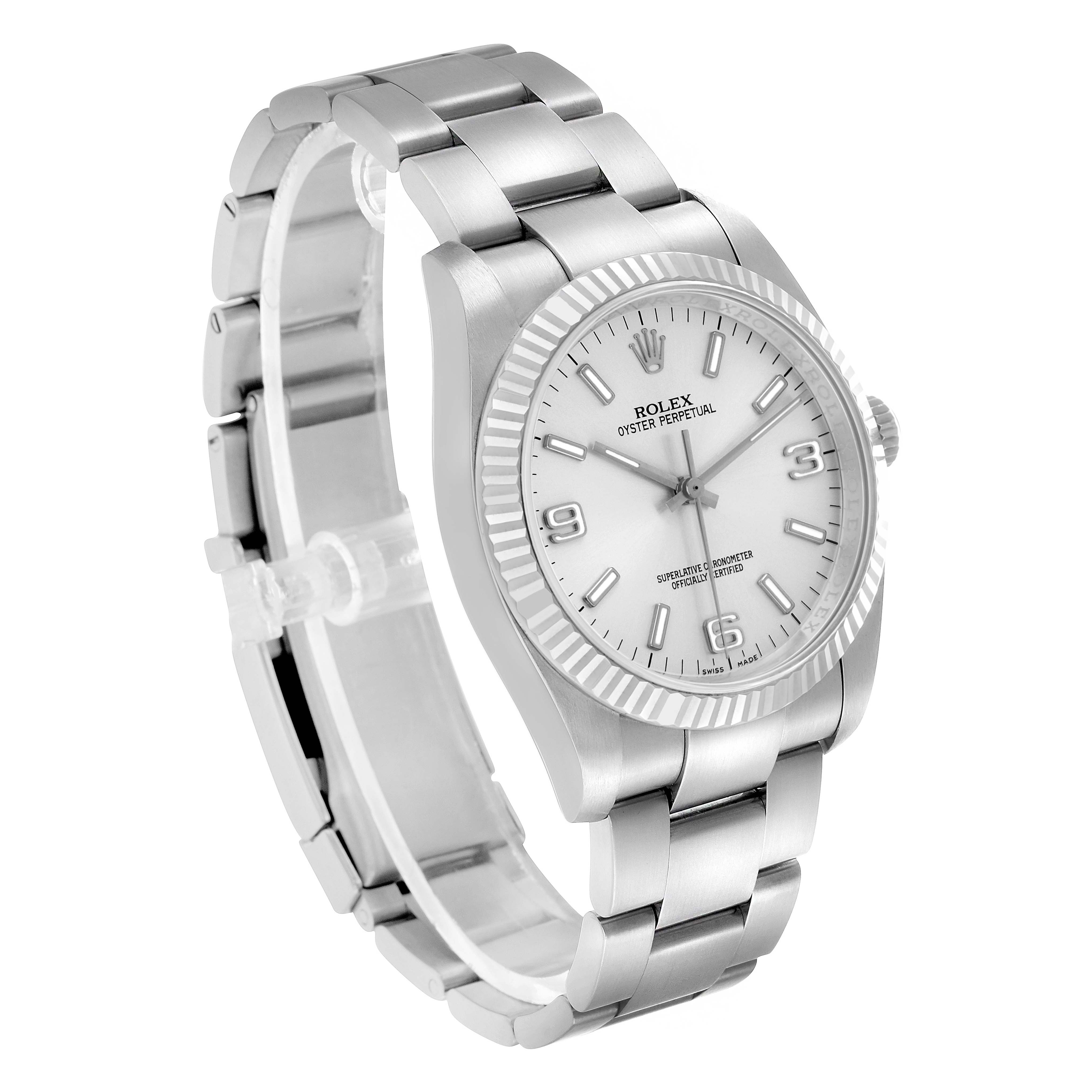 The Rolex Oyster Perpetual 116034 Men's Stainless Steel Silver Dial watch is shown at an angled side view, displaying its bracelet and detailed dial.