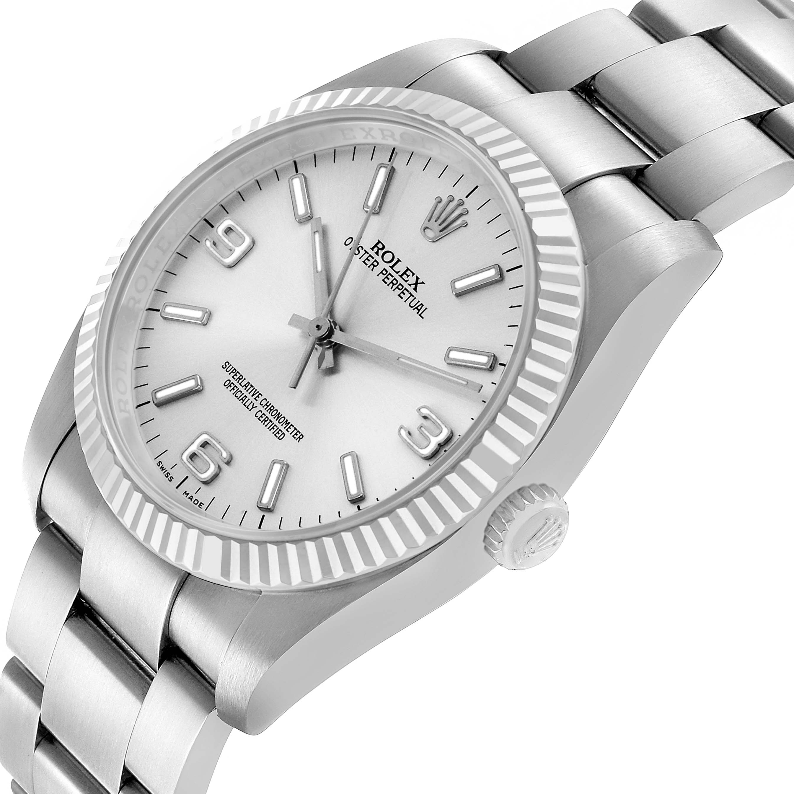 The Rolex Oyster Perpetual 116034 Men's Stainless Steel Silver Dial watch is shown at an angled side view, highlighting the face, bezel, and part of the bracelet.