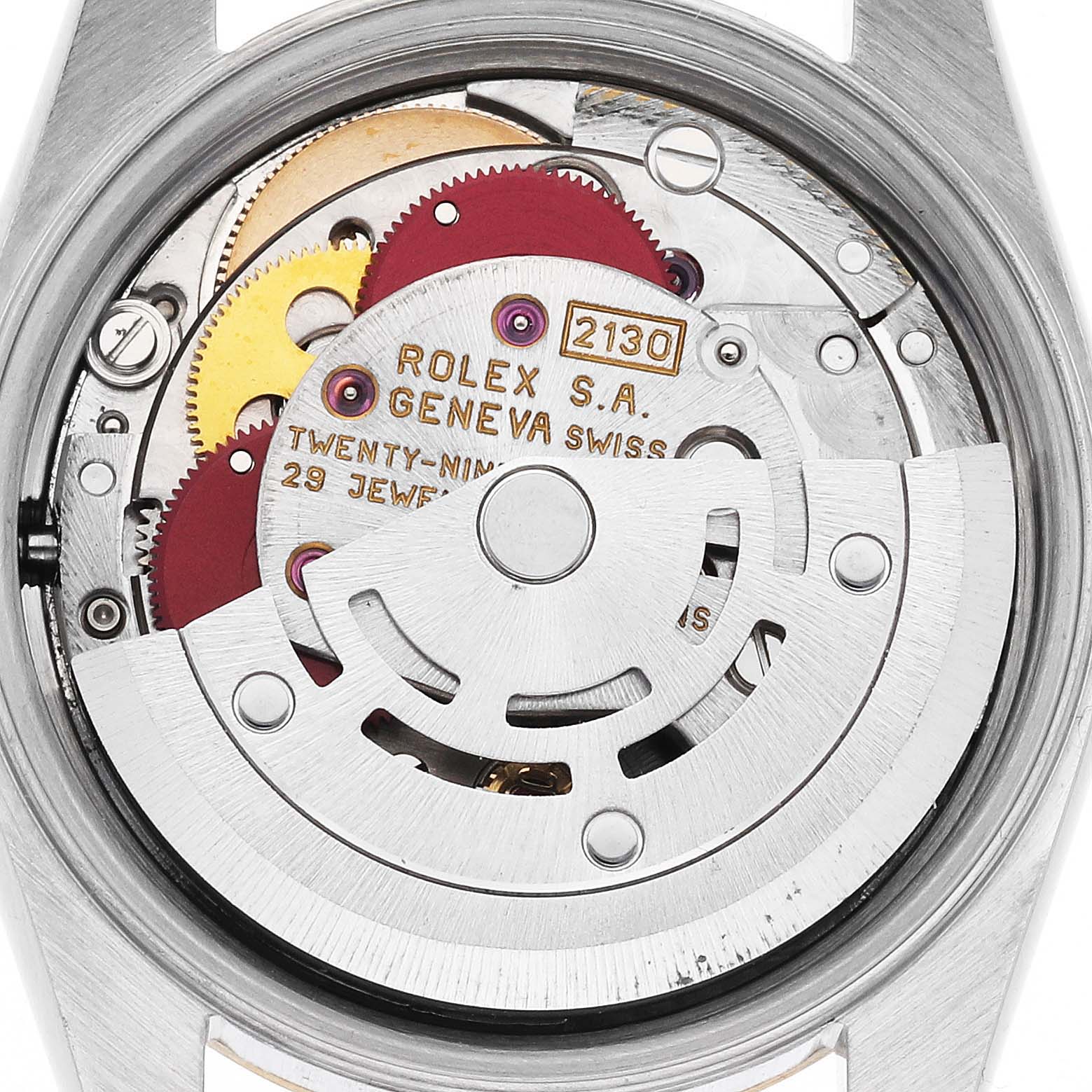 The image shows the internal movement of a Rolex Oyster Perpetual 67193 Women's Steel and Gold (two tone) Champagne Dial 67193 Women's Steel and Gold (two tone) Champagne Dial, highlighting gears and rotor components.