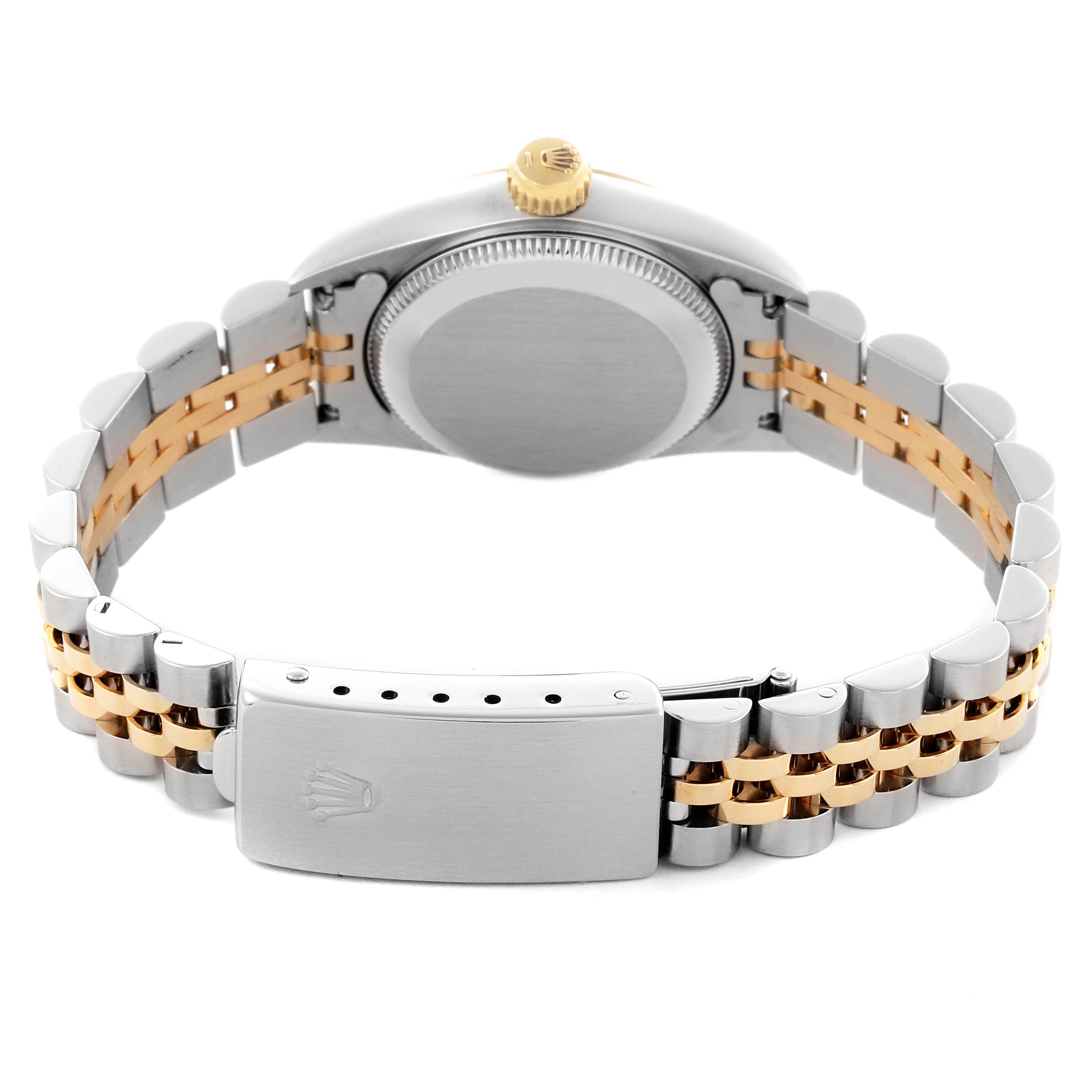 The image shows the back of a Rolex Oyster Perpetual 67193 Women's Steel and Gold (two tone) Champagne Dial 67193 Women's Steel and Gold (two tone) Champagne Dial, including the case back, crown, and bracelet with a clasp.