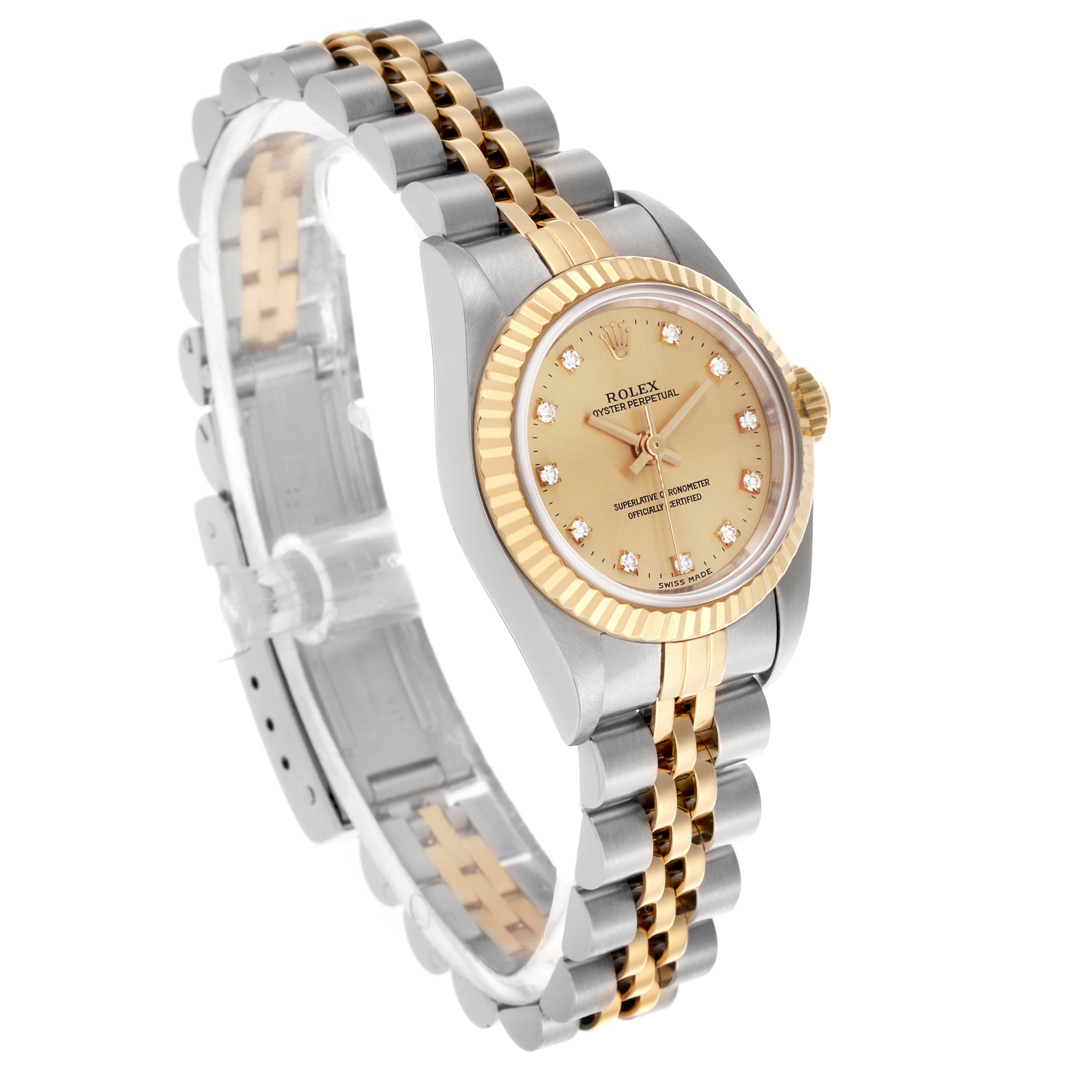 The Rolex Oyster Perpetual 67193 Women's Steel and Gold (two tone) Champagne Dial 67193 Women's Steel and Gold (two tone) Champagne Dial watch is shown at a slight angle, highlighting the gold and silver bracelet and the gold bezel.