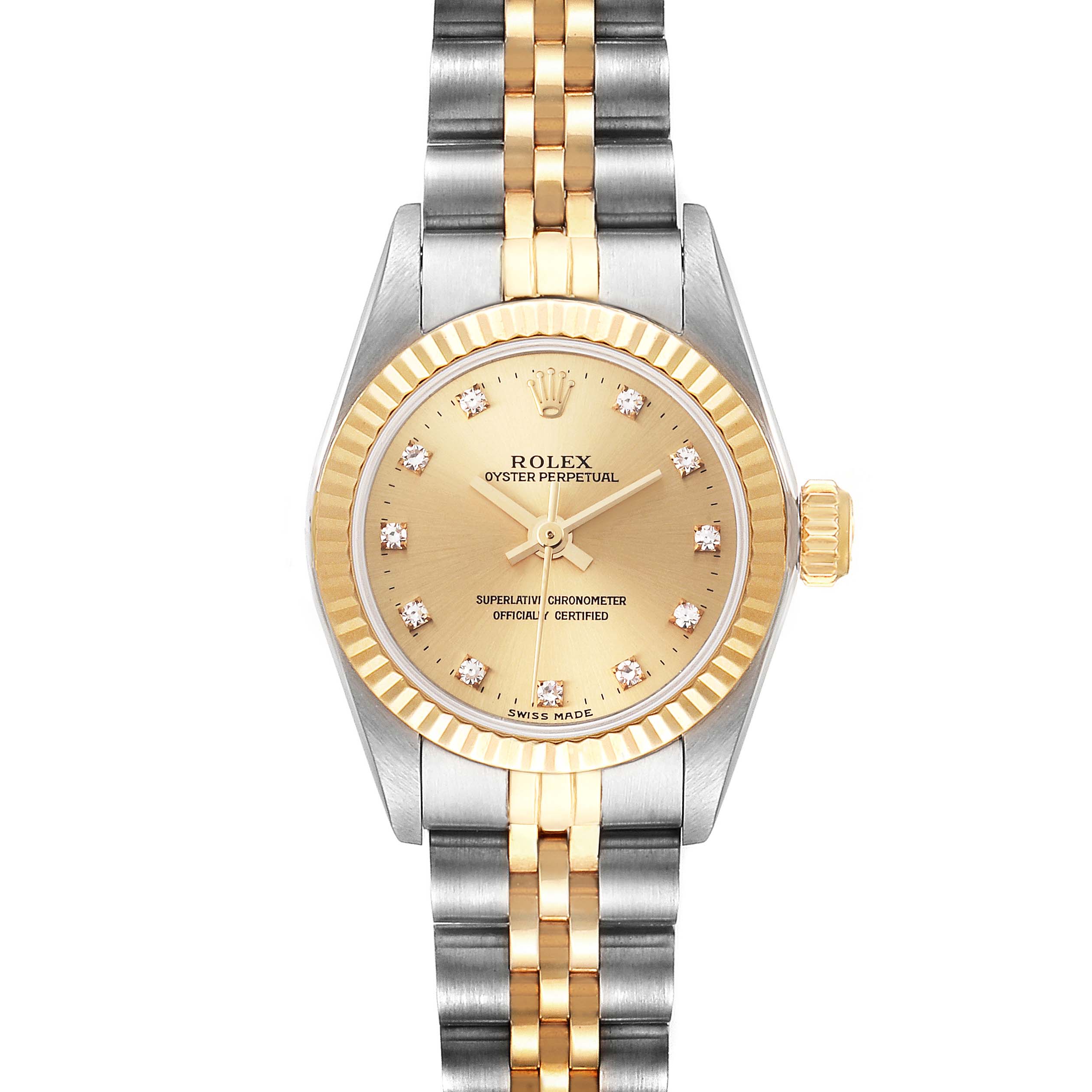 The Rolex Oyster Perpetual 67193 Women's Steel and Gold (two tone) Champagne Dial 67193 Women's Steel and Gold (two tone) Champagne Dial watch is shown from the front, highlighting its face, bezel, crown, and bracelet.