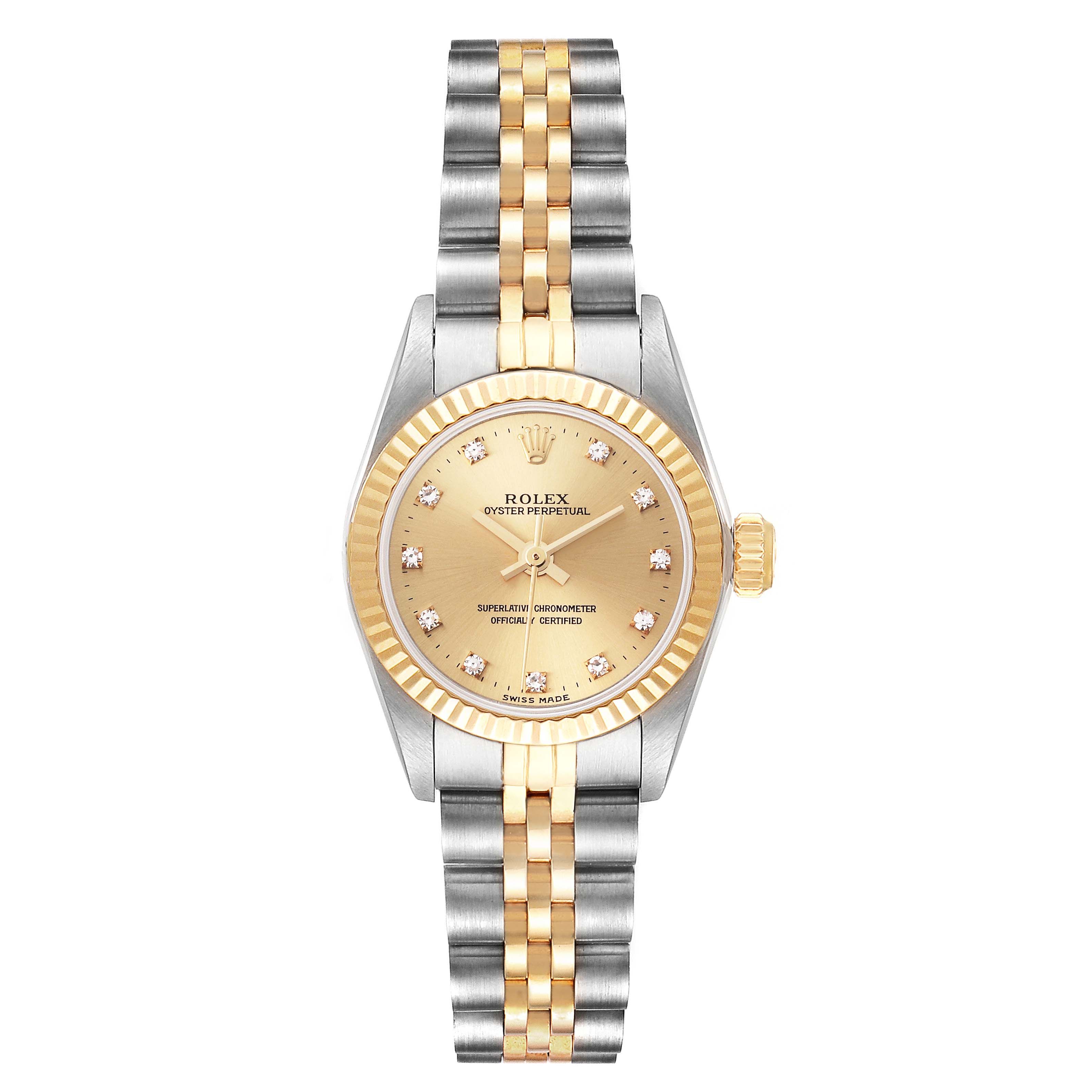 The Rolex Oyster Perpetual 67193 Women's Steel and Gold (two tone) Champagne Dial 67193 Women's Steel and Gold (two tone) Champagne Dial watch is shown from the front, displaying its gold and silver bezel, bracelet, and dial with diamond indices.