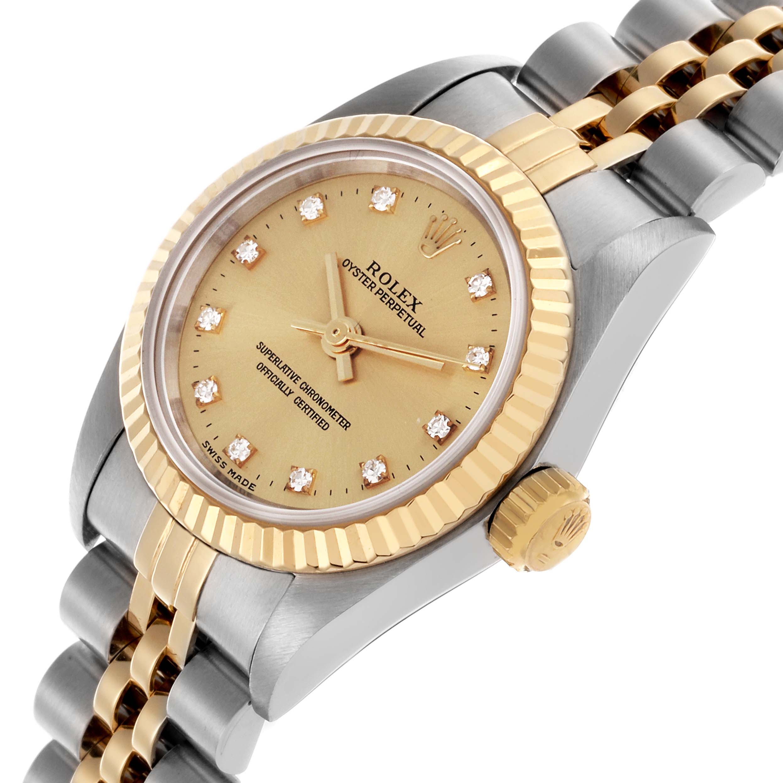 The Rolex Oyster Perpetual 67193 Women's Steel and Gold (two tone) Champagne Dial 67193 Women's Steel and Gold (two tone) Champagne Dial watch is shown at an angled side view, displaying the dial, bezel, crown, and part of the bracelet.