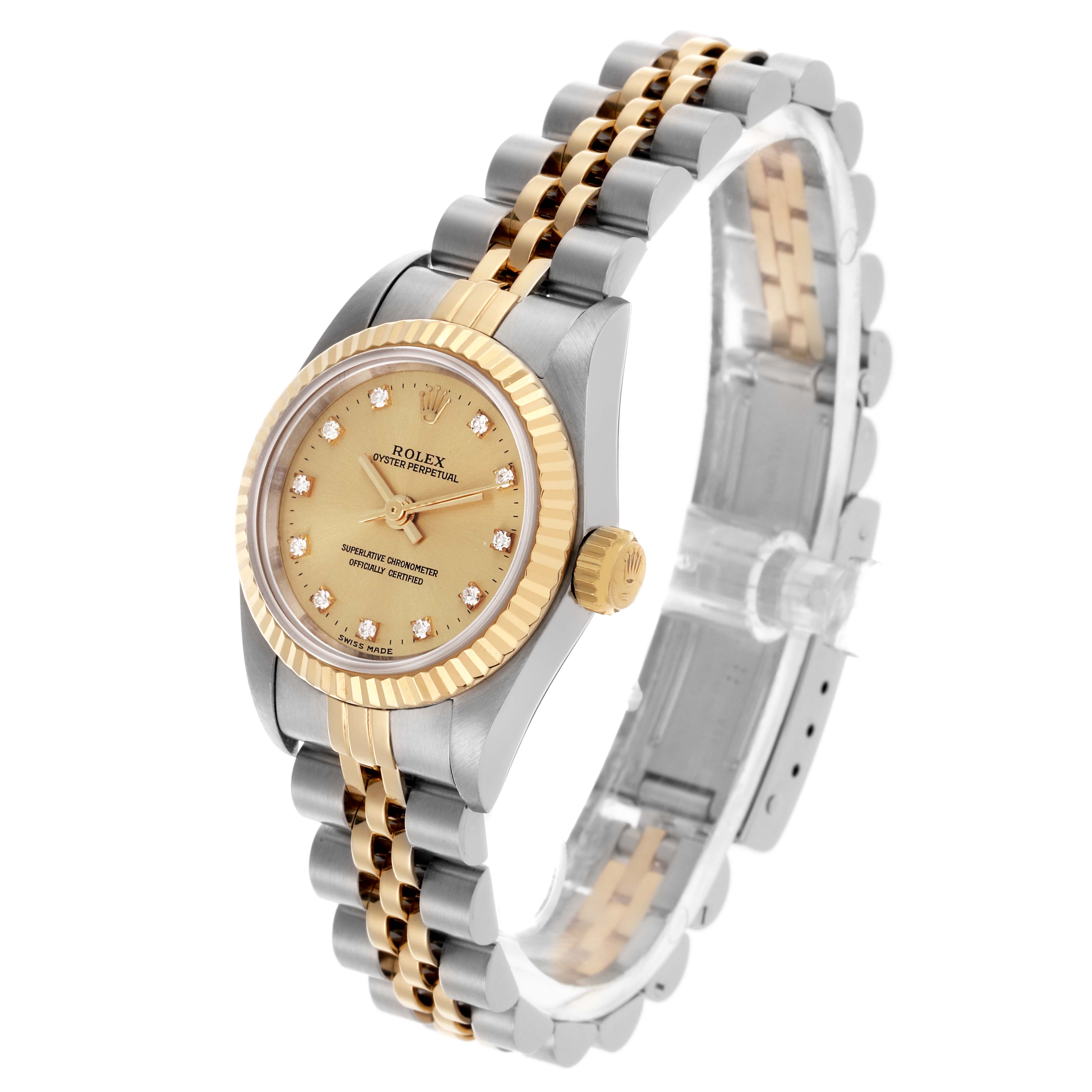 The Rolex Oyster Perpetual 67193 Women's Steel and Gold (two tone) Champagne Dial 67193 Women's Steel and Gold (two tone) Champagne Dial watch is shown at an angled side view, highlighting the gold and stainless steel bracelet and bezel.