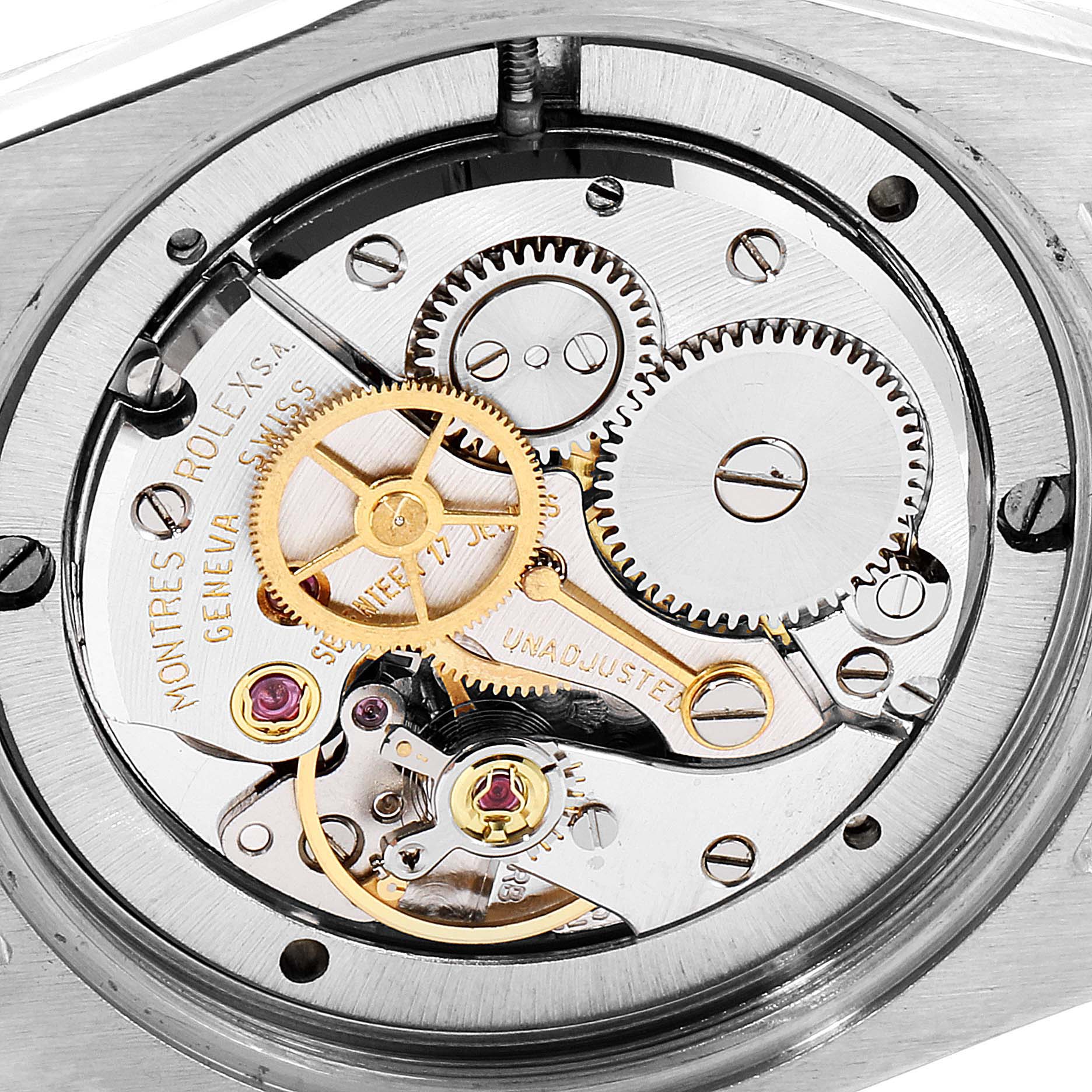The image shows the internal mechanical movement of a Vintage Collection model by Rolex, viewed from the back.